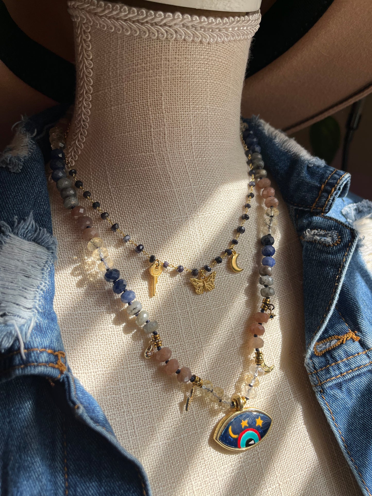 Sapphire & Gold Charm Necklace — Key, Moon & Butterfly
