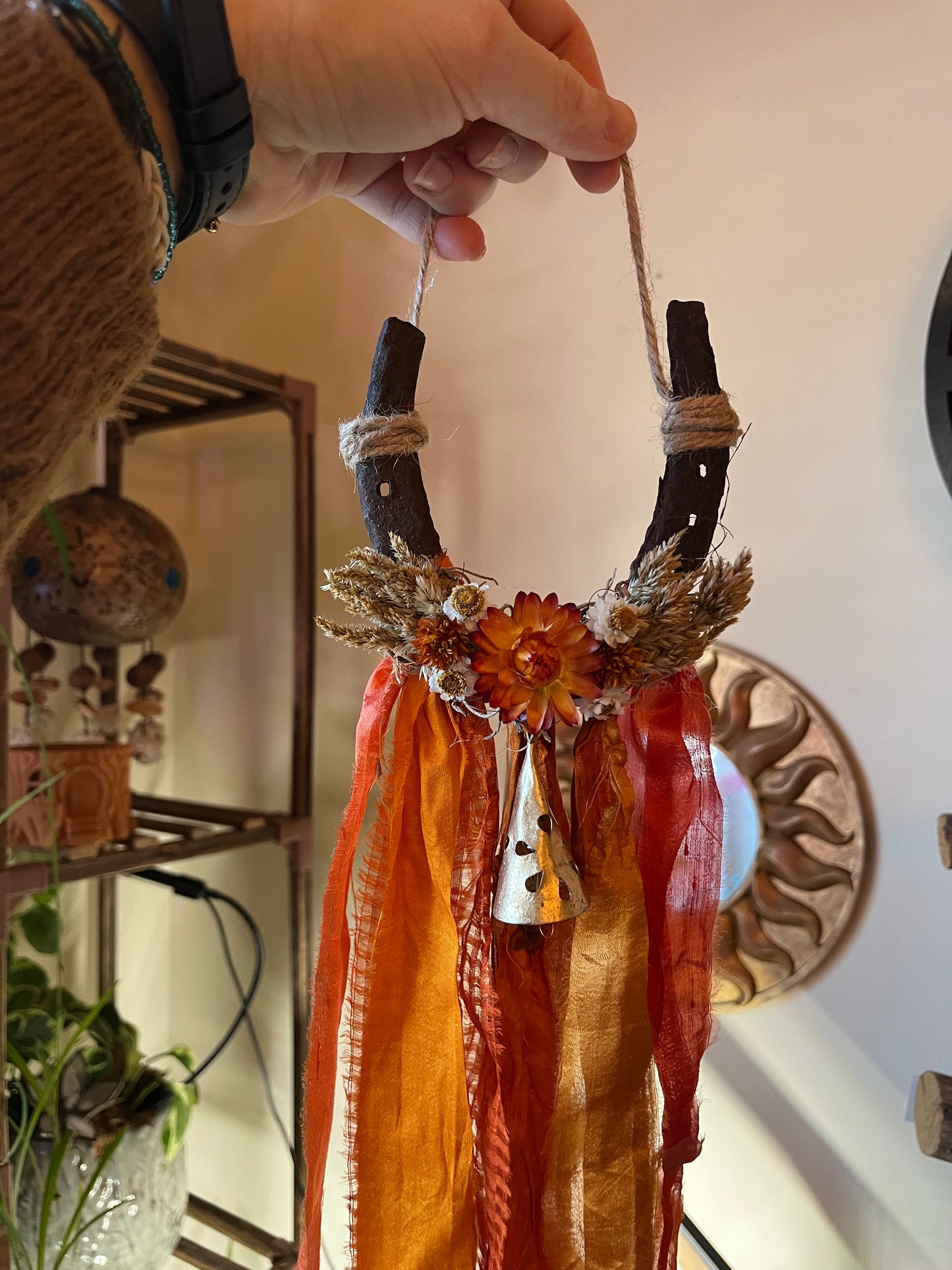 Fire Horse Lucky Horseshoe with flowers: Pagan Altar Decor