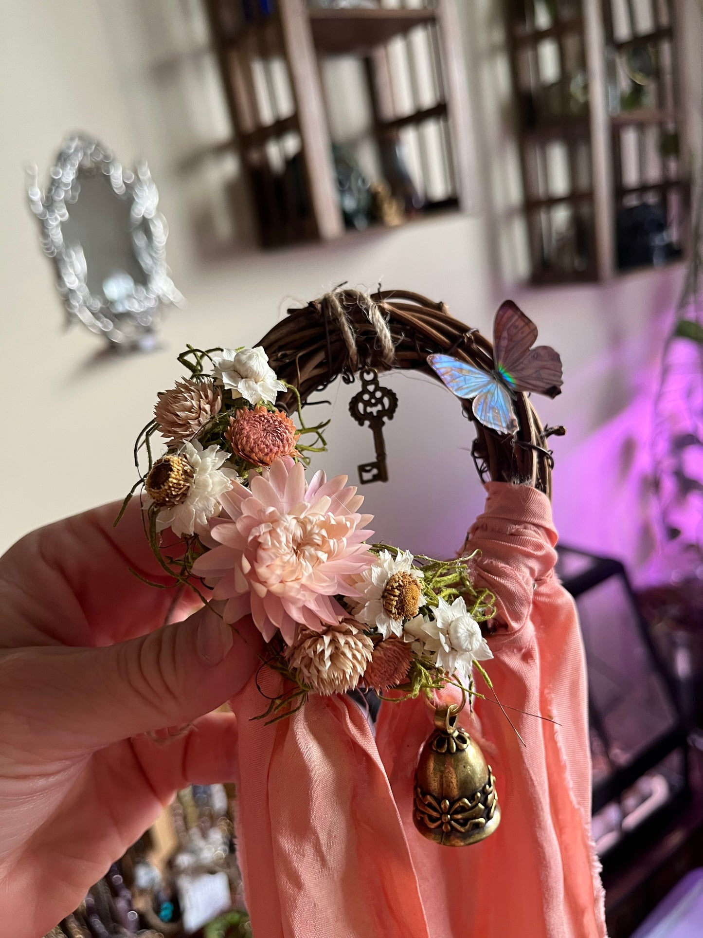 Butterfly Fairy Blessing Bells, Wreath with Dried Florals, Roses, Key Charm