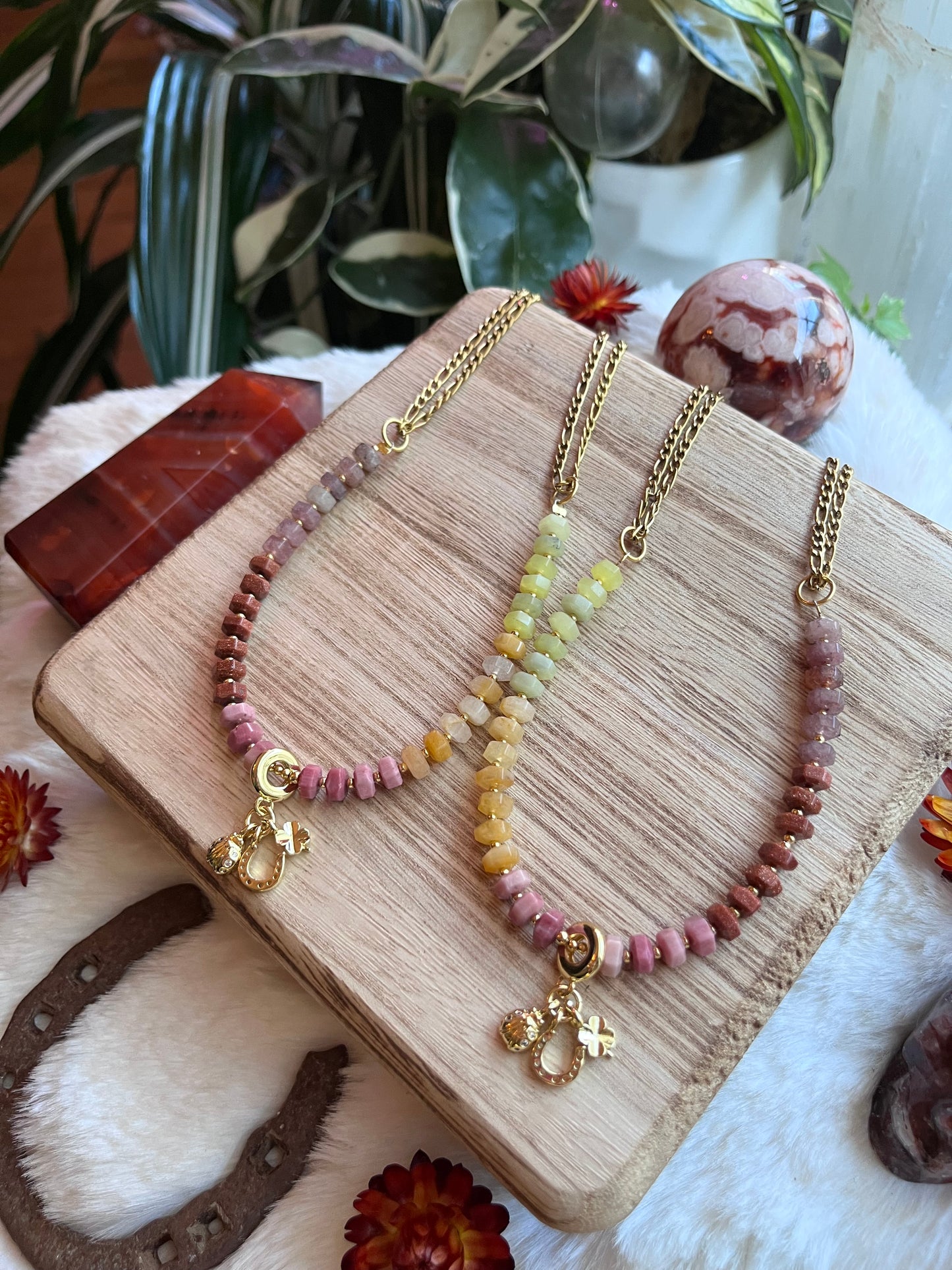 Mixed Gem lucky charm necklace, horseshoe charm, lucky jewelry, rondelle necklace, abundance, creativity, passion, good luck charm jewelry