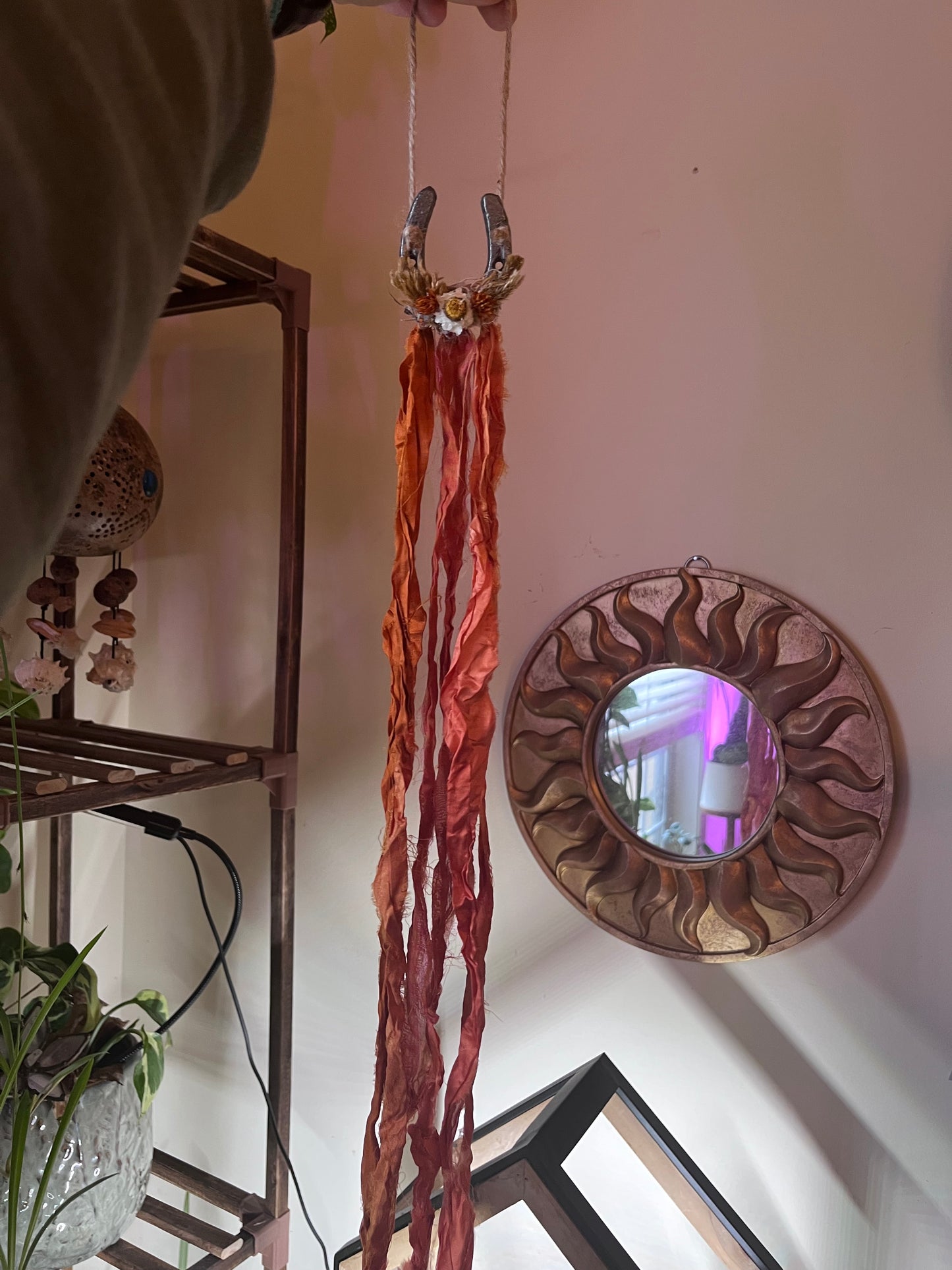 Fire Horse Lucky Horseshoe with flowers: Pagan Altar Decor