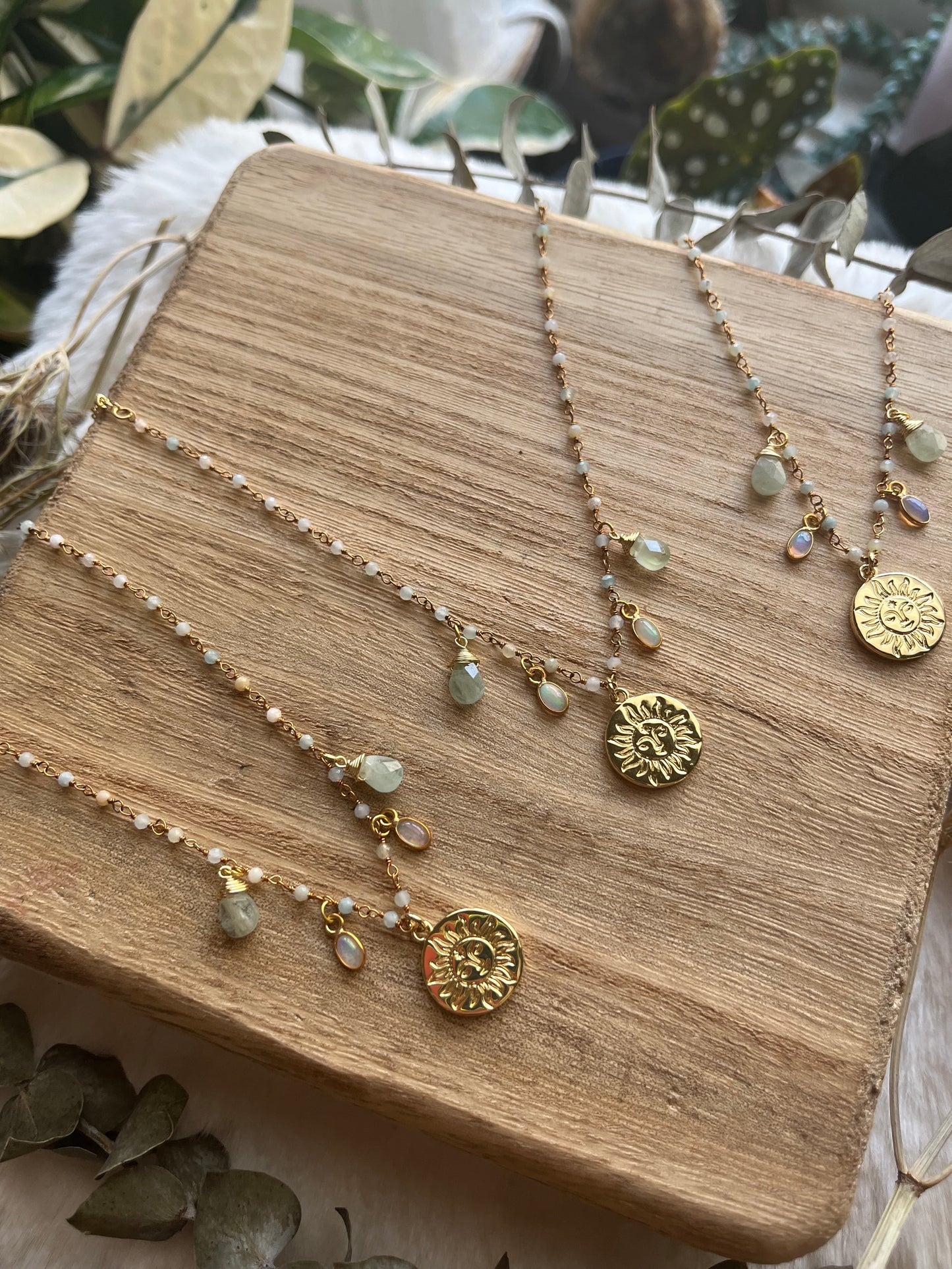 Opal & Aquamarine Sun Charm Necklace in Gold Fill