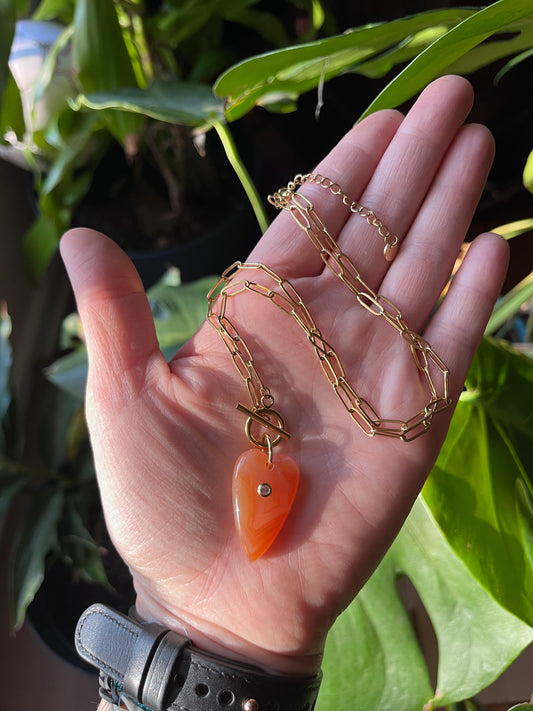 Carnelian heart necklace, carnelian heart, carnelian jewelry, toggle necklace, paperclip chain necklace, creativity, passion, opal jewelry