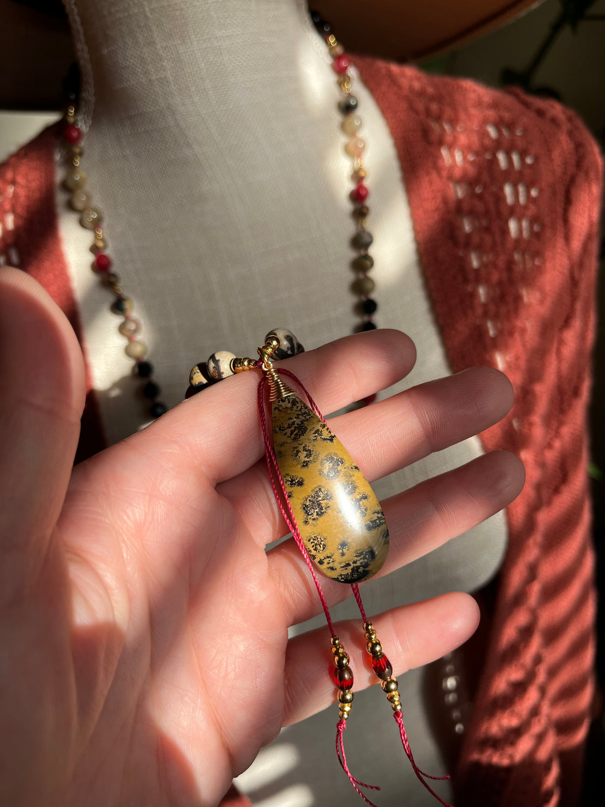 Handmade Leopard Jasper Mala Necklace | Onyx, Coral, Rutile Quartz Beads (Vintage Style)
