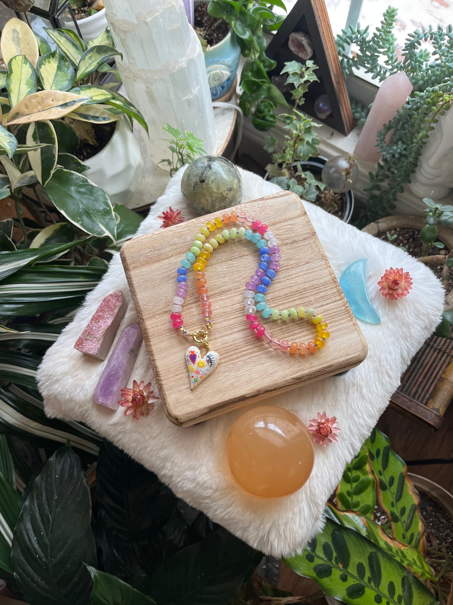 Rainbow Baby, Rainbow Jade Bead Choker, Gold Filled Clasp, Enamel Charm