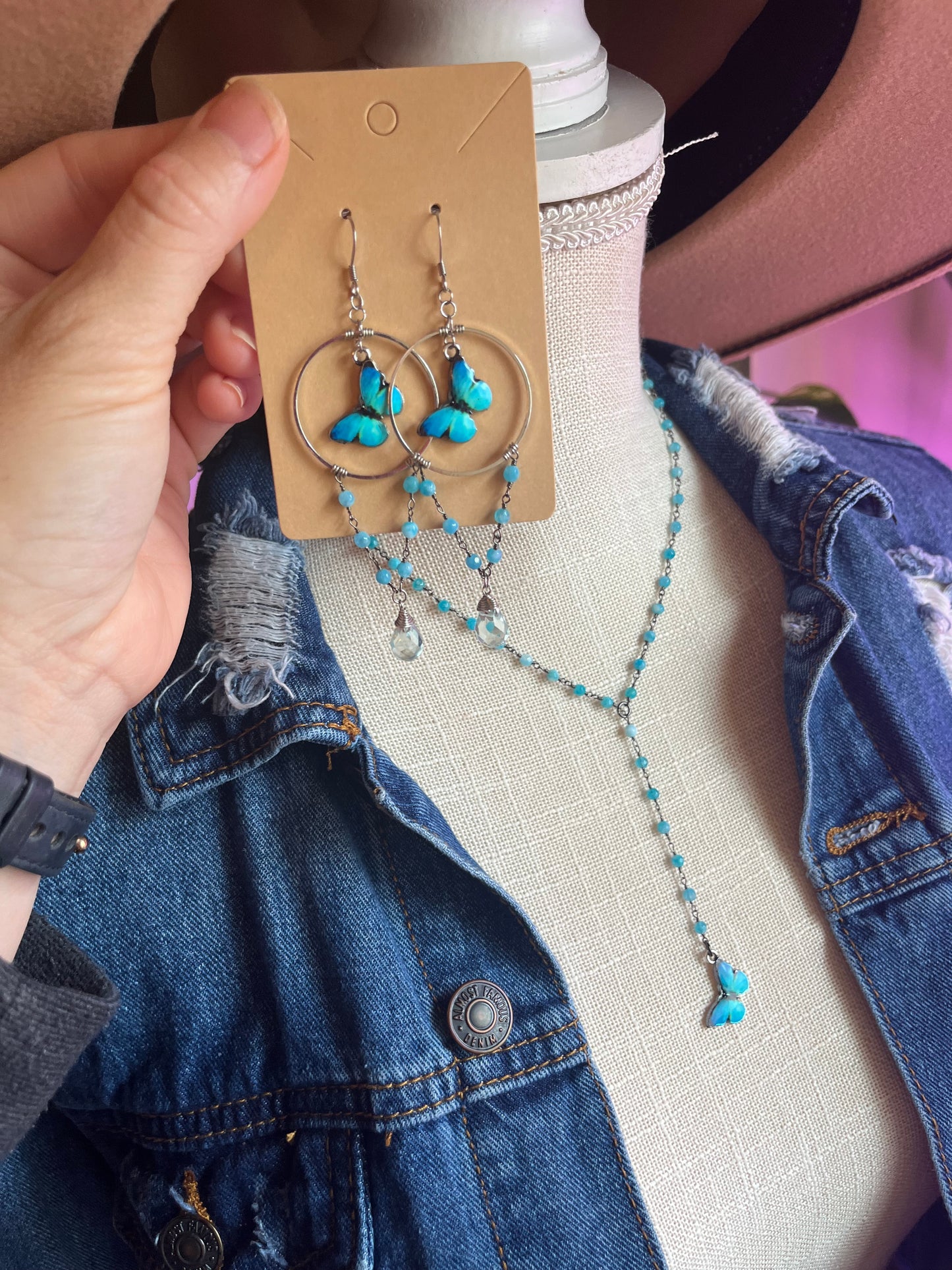 Blue Morpho hoop earrings with Monalisa stone and Blue Quartz teardrops