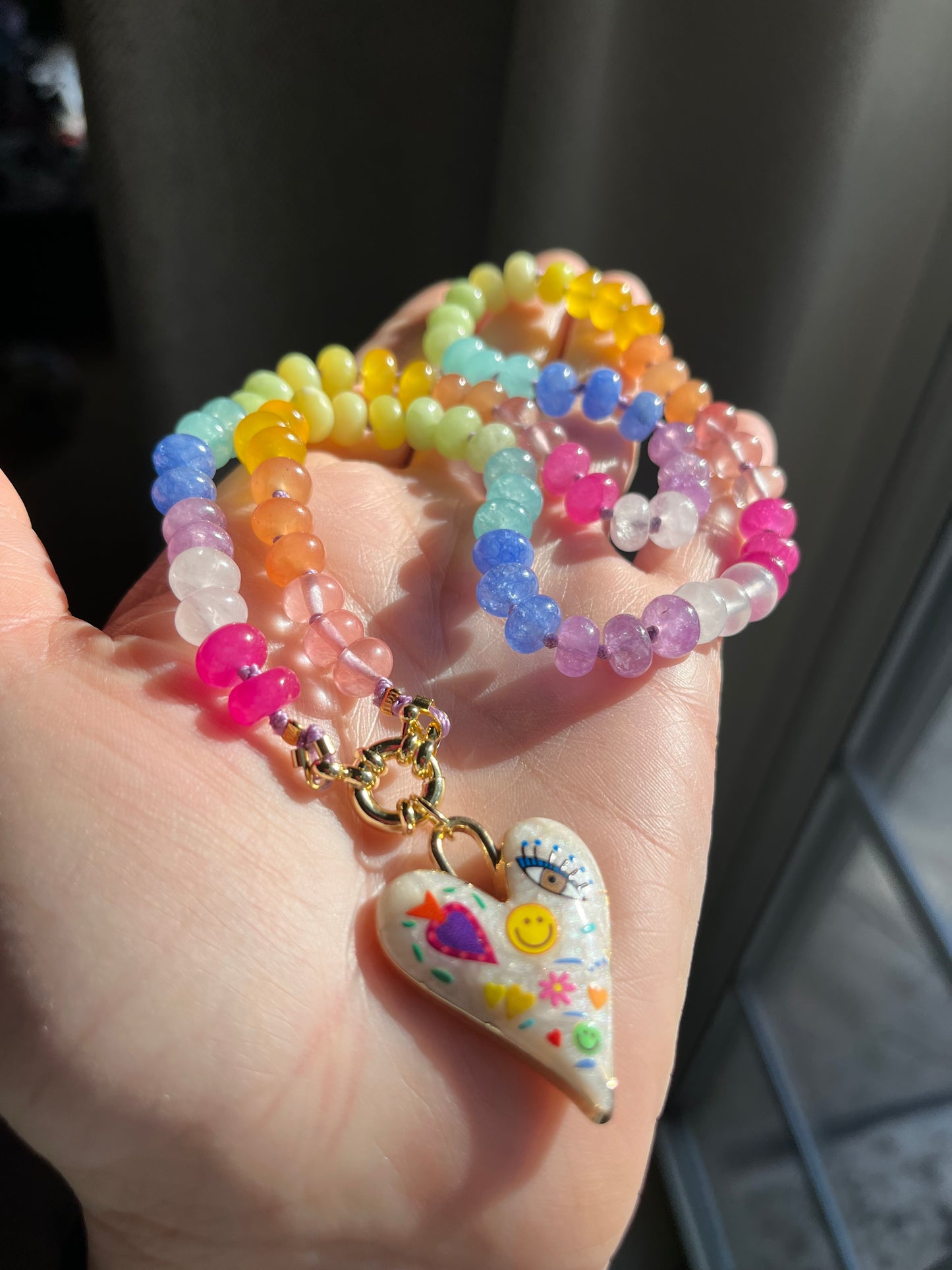 Rainbow Baby, Rainbow Jade Bead Choker, Gold Filled Clasp, Enamel Charm