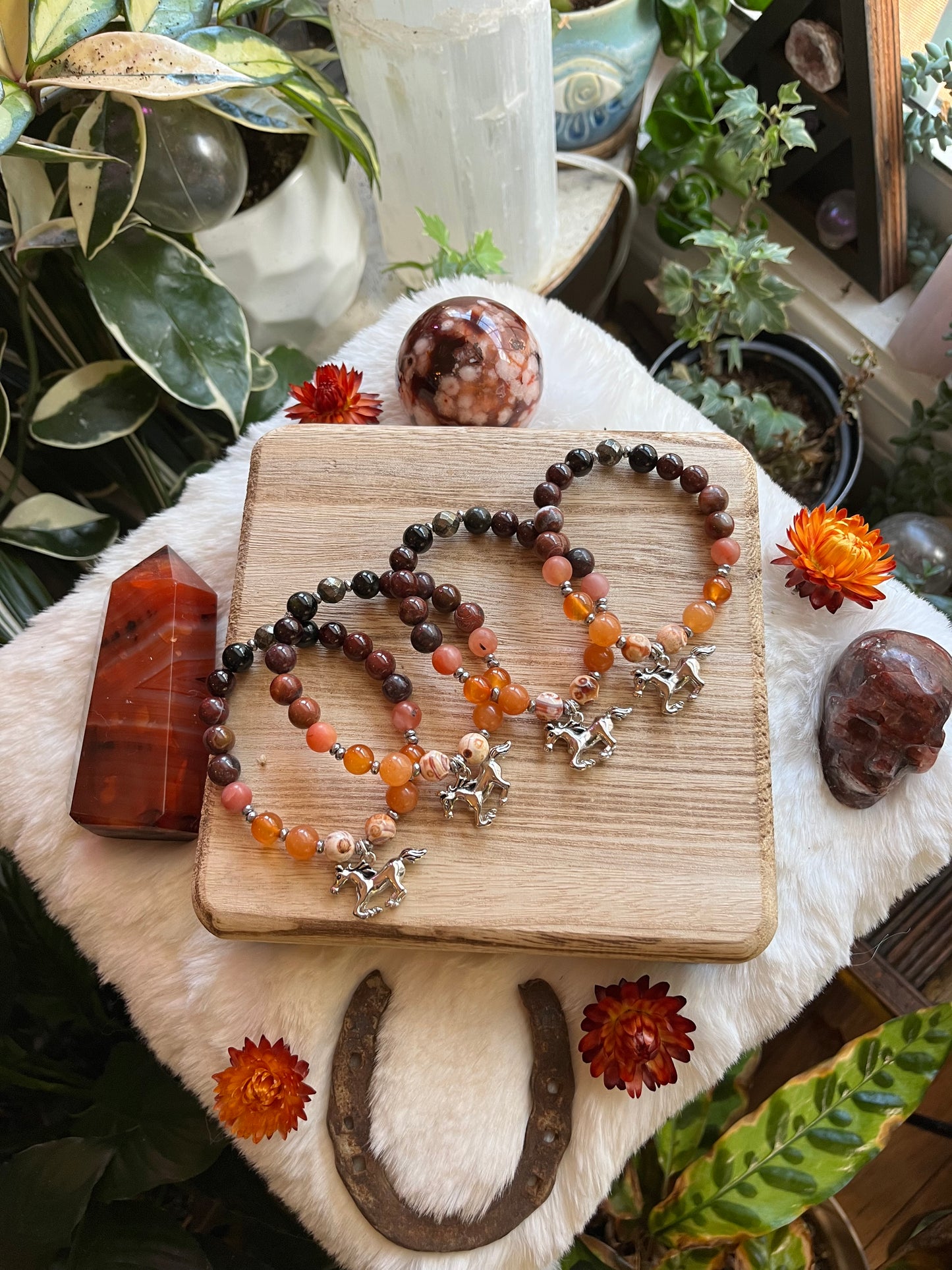 Fire Horse mala bracelet, beaded bracelet, horse girl jewelry, horse bracelet, carnelian bracelet, zodiac jewelry