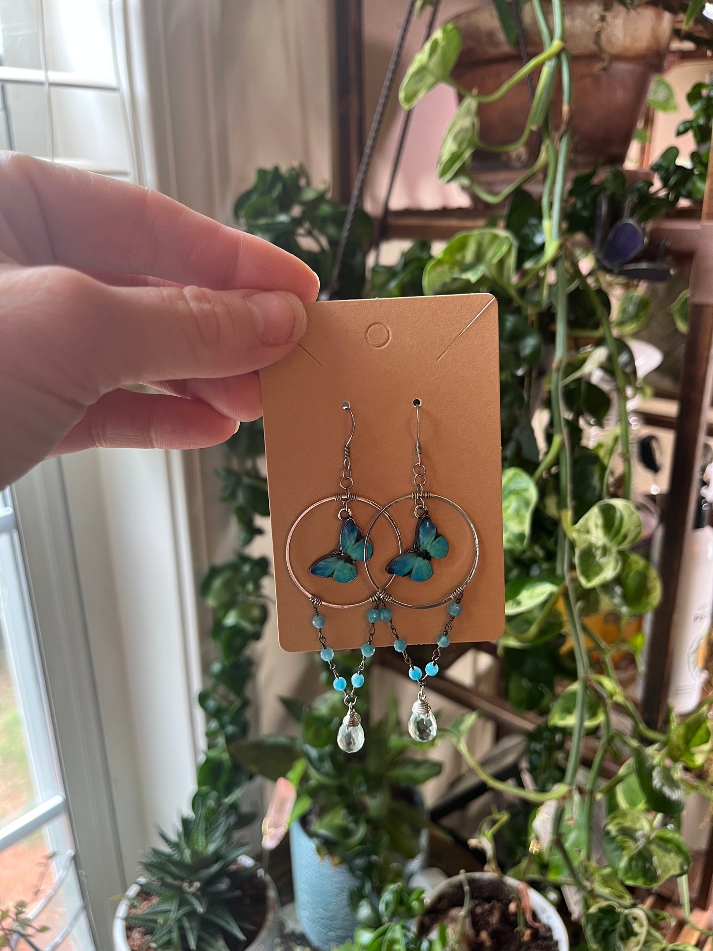 Blue Morpho hoop earrings with Monalisa stone and Blue Quartz teardrops