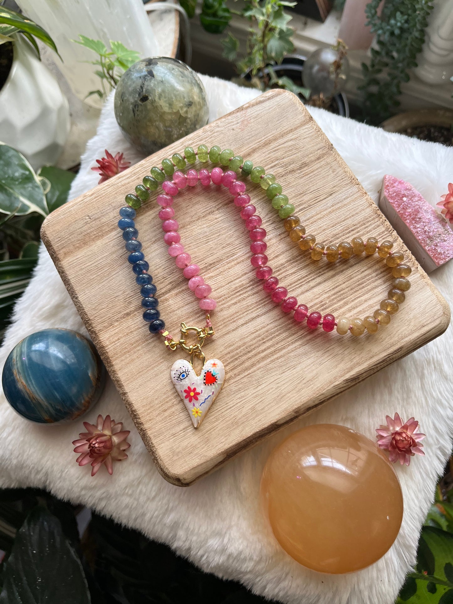 Gem Goddess, Rainbow Jade Gemstone Choker, Gold Filled Clasp, Enamel Charm