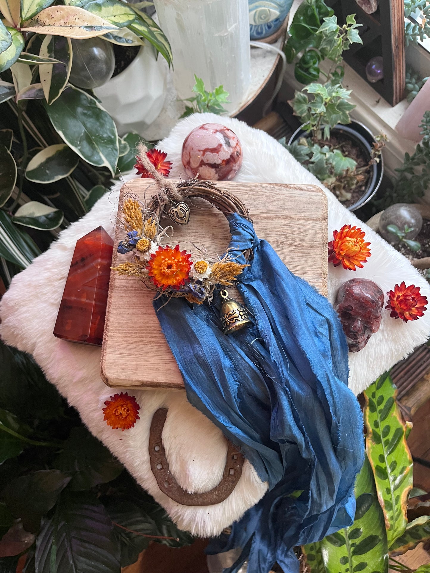 Fire Horse Protection Wreath with Witch Bells: Pagan Altar Decor