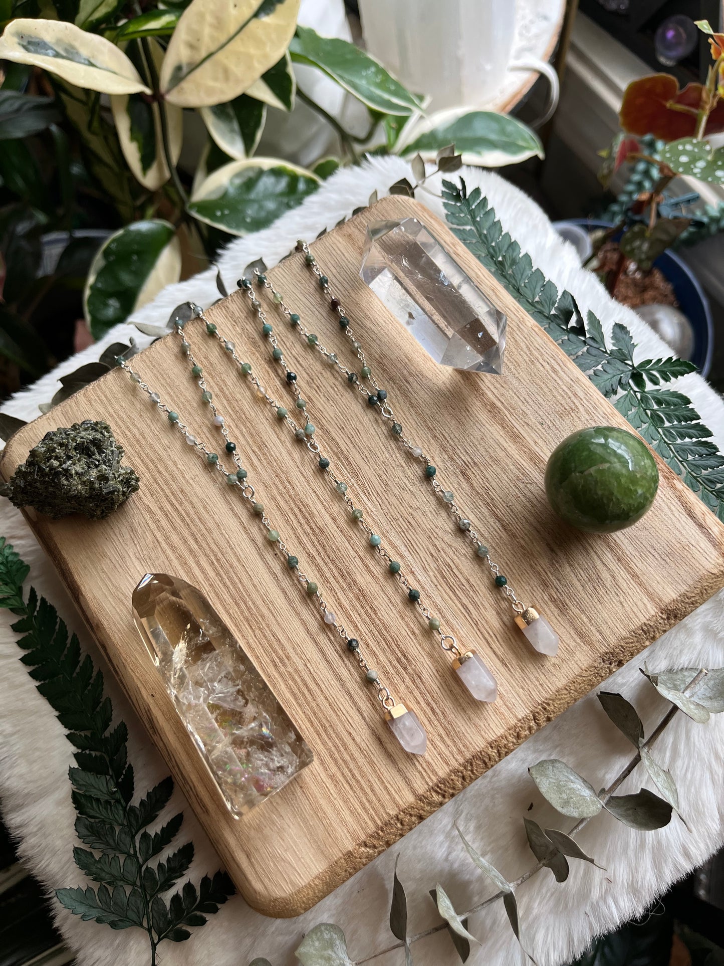 Moss Agate Lariat Necklace, Beaded Gemstone Chain, Quartz Gemstone, Grounding jewelry