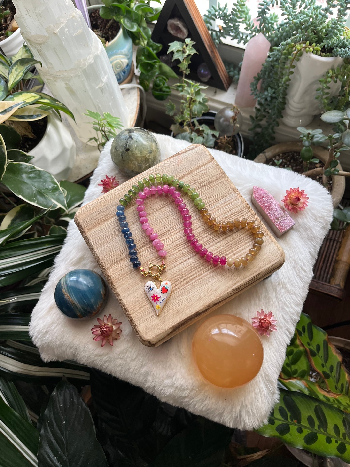 Gem Goddess, Rainbow Jade Gemstone Choker, Gold Filled Clasp, Enamel Charm