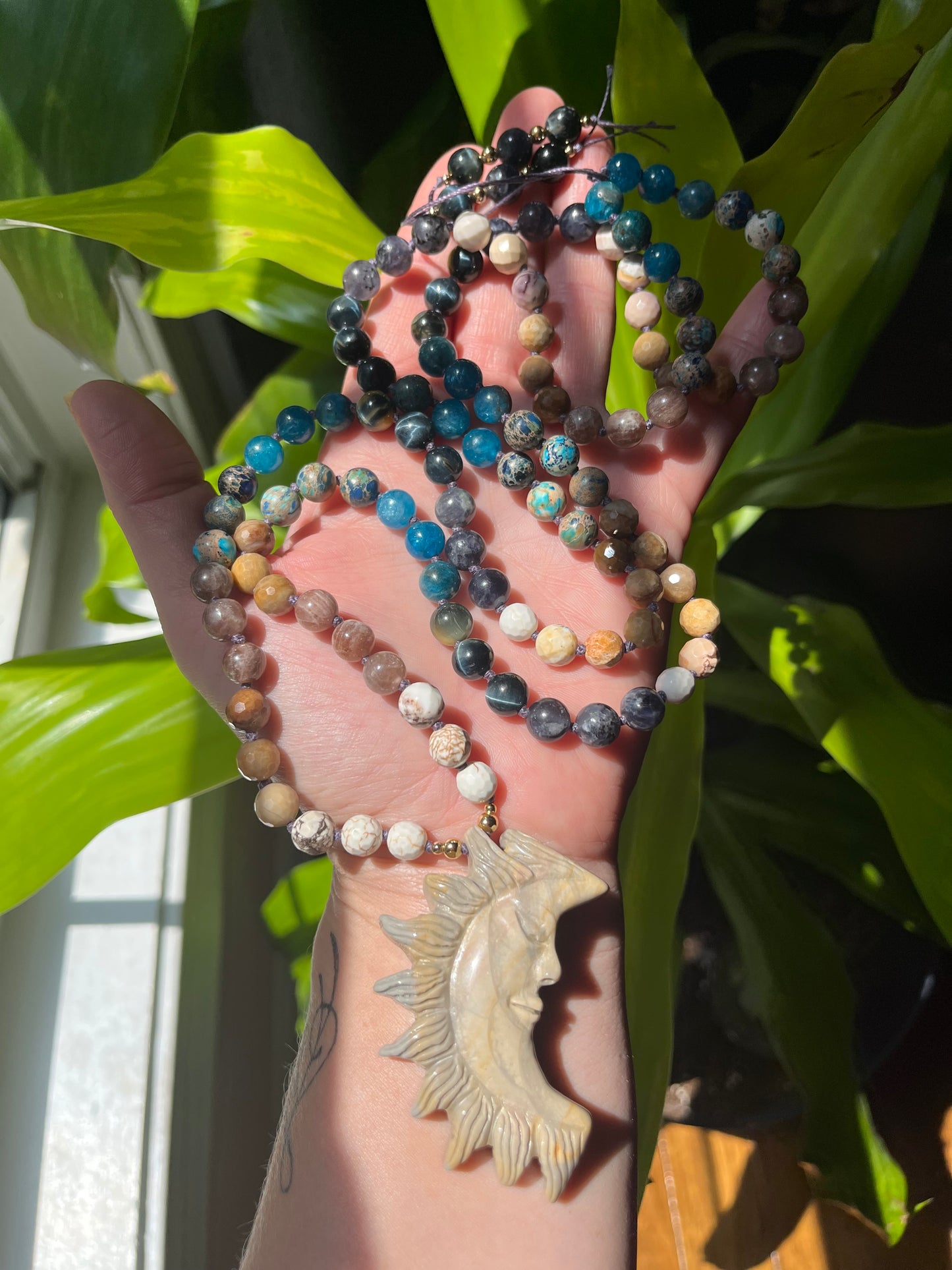 Sunkeeper Mala Necklace — Carved Jasper Sun Crescent