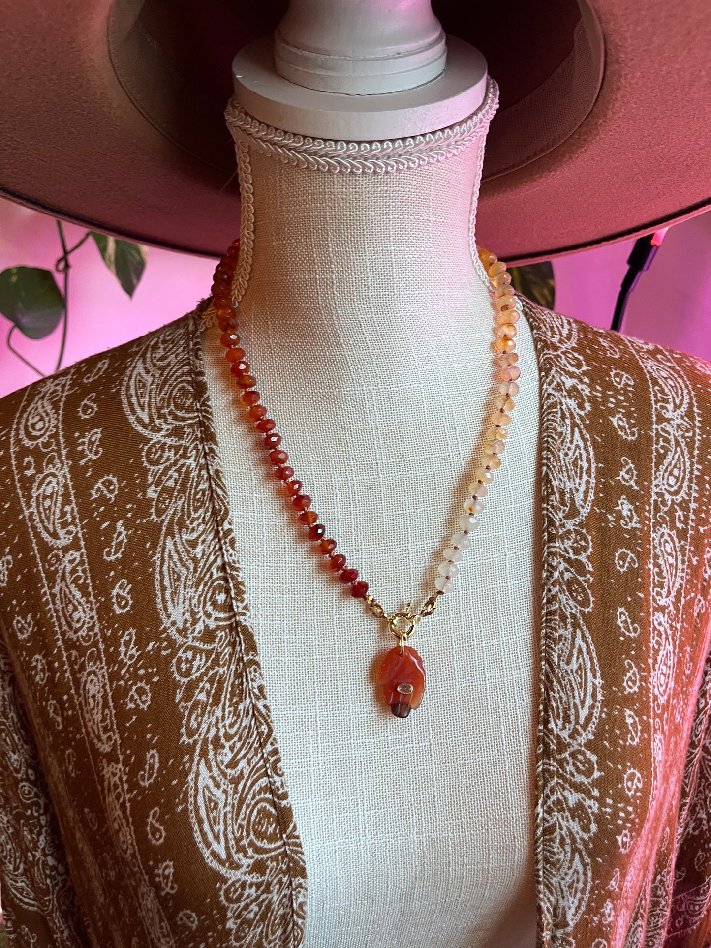 Hamsa necklace, “Fire Within” gem candy necklace, carnelian necklace, carnelian jewelry, knotted rondelle necklace, luxe gem necklace