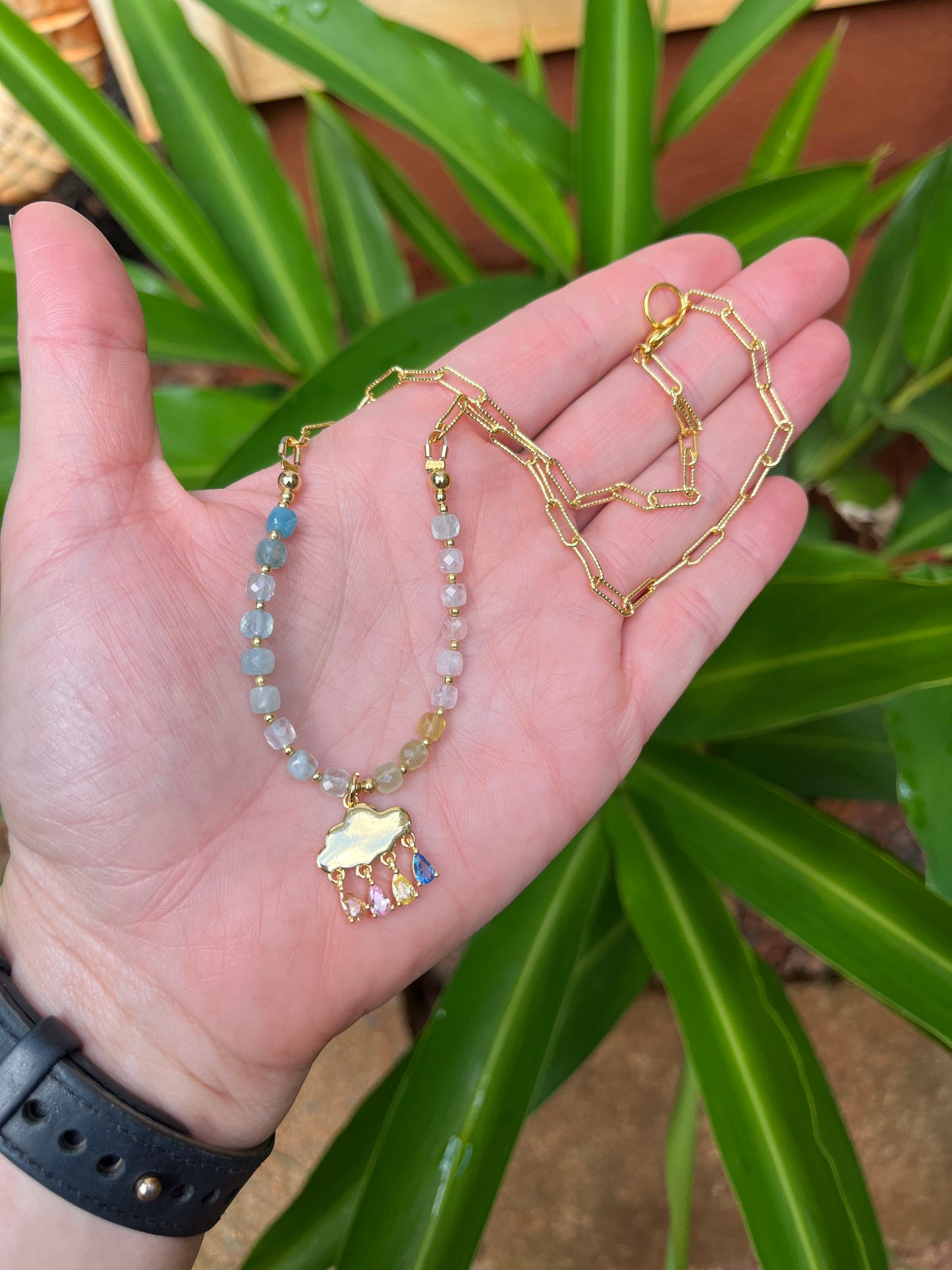 Rainbow Morganite Rain Charm Necklace in Gold Fill