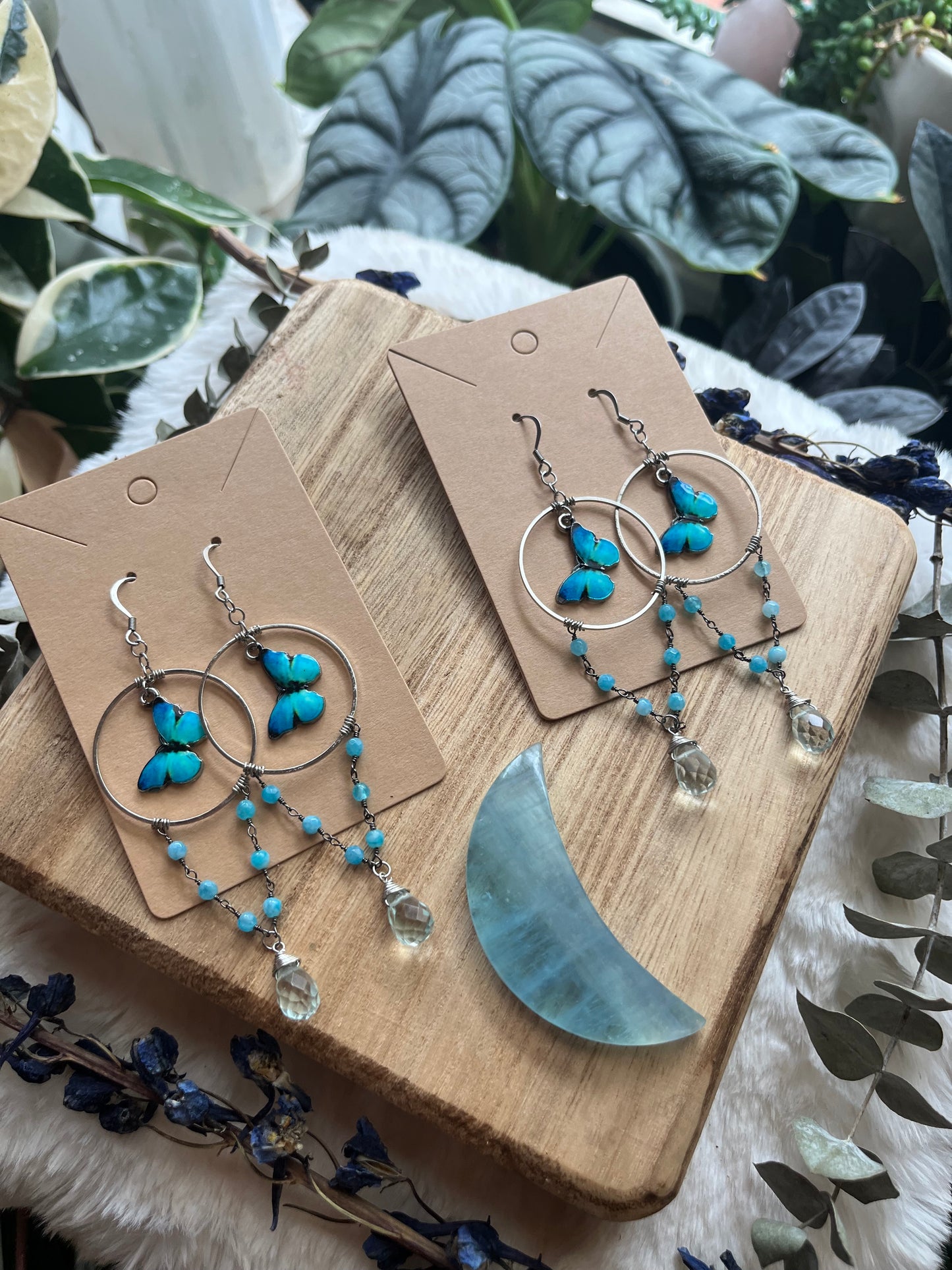 Blue Morpho hoop earrings with Monalisa stone and Blue Quartz teardrops