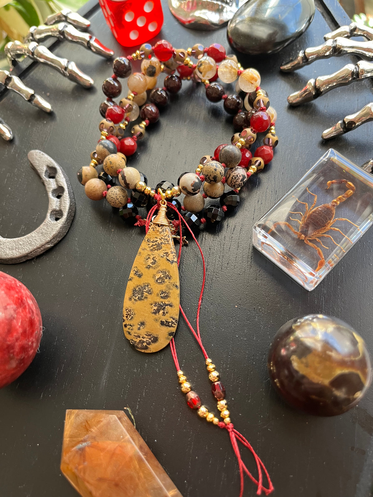 Handmade Leopard Jasper Mala Necklace | Onyx, Coral, Rutile Quartz Beads (Vintage Style)