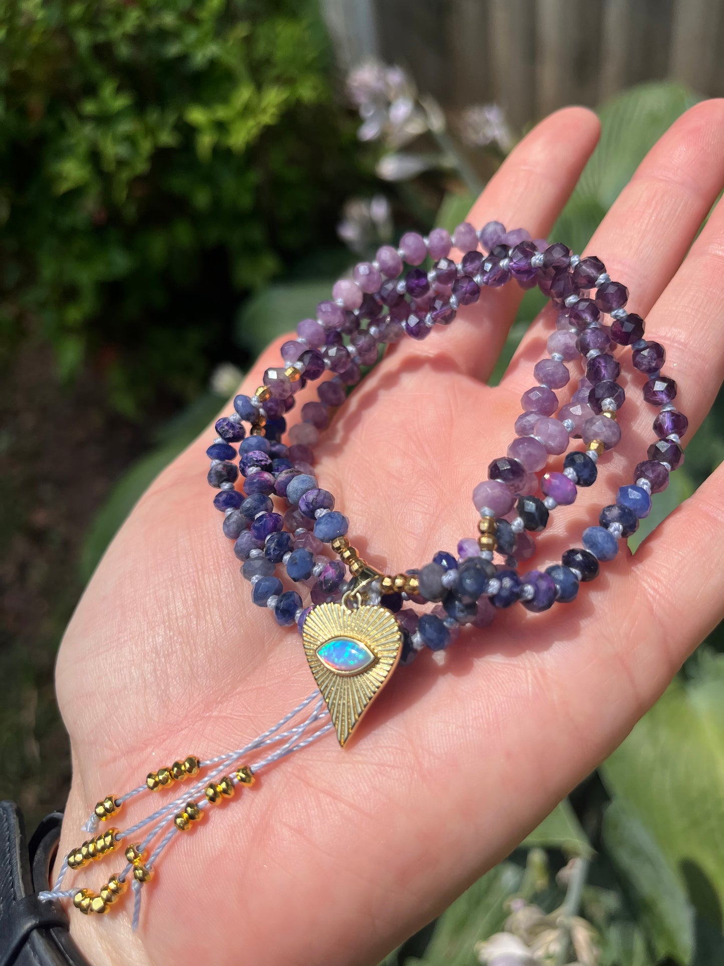 Amethyst, Sugilite, Lepiodlite, mala beads, prayer beads, spirit beads, mala necklace, rondelle mala necklace