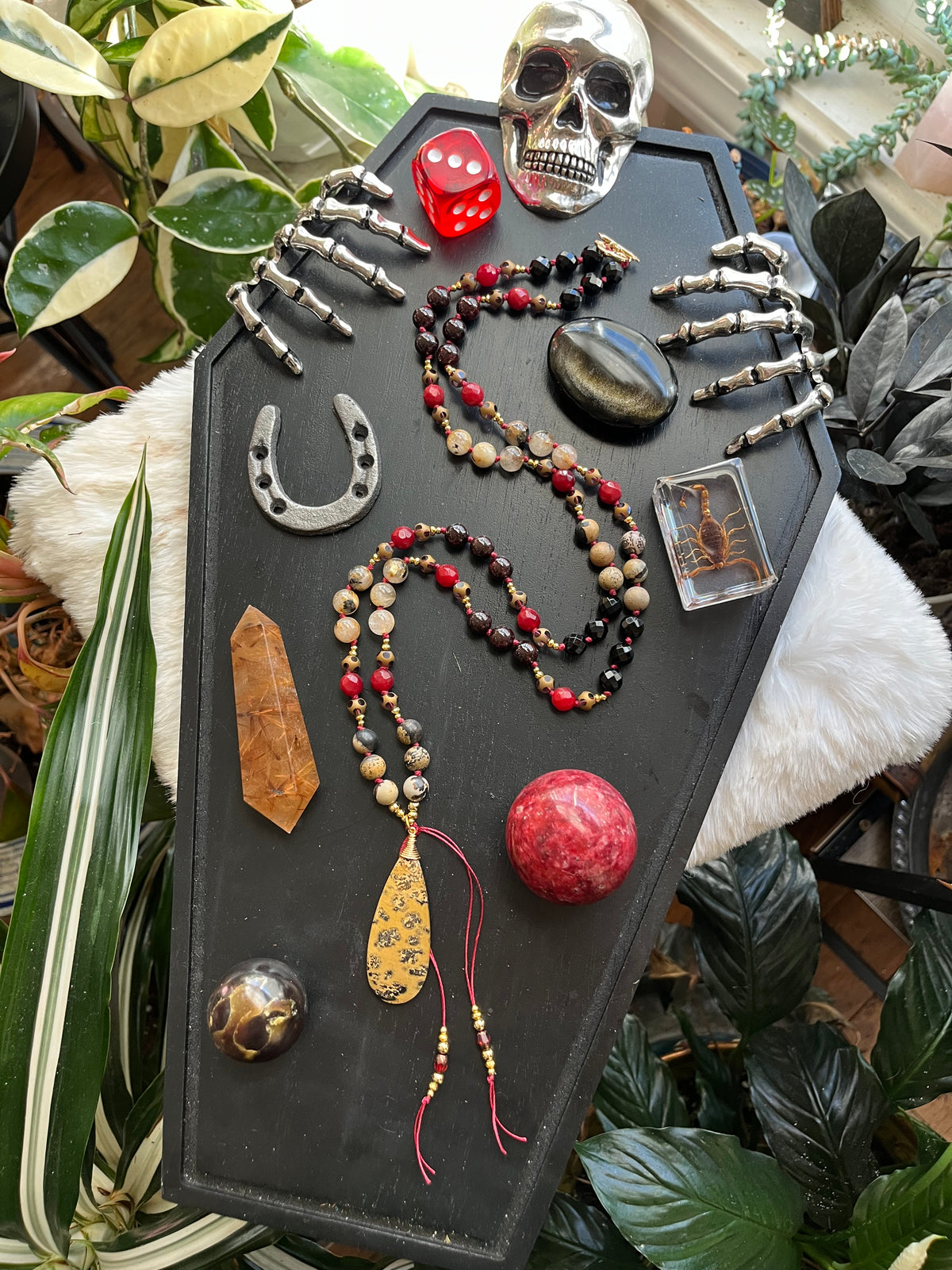 Handmade Leopard Jasper Mala Necklace | Onyx, Coral, Rutile Quartz Beads (Vintage Style)