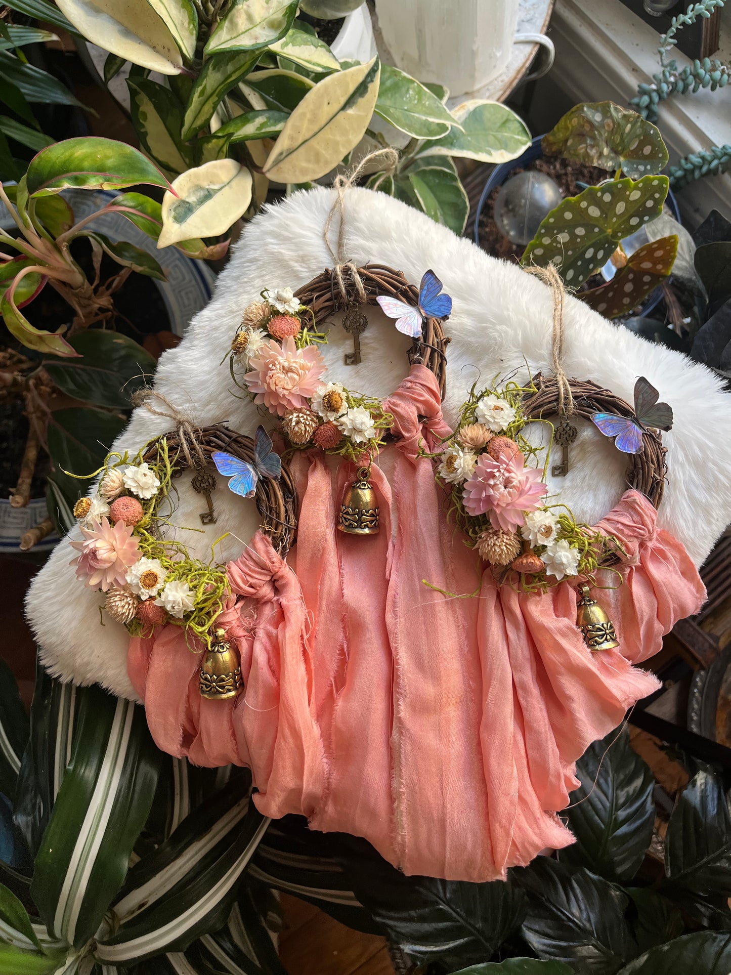 Butterfly Fairy Blessing Bells, Wreath with Dried Florals, Roses, Key Charm