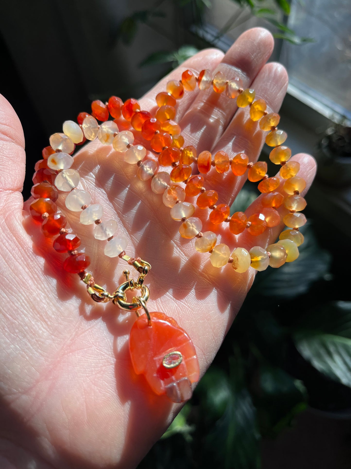 Hamsa necklace, “Fire Within” gem candy necklace, carnelian necklace, carnelian jewelry, knotted rondelle necklace, luxe gem necklace