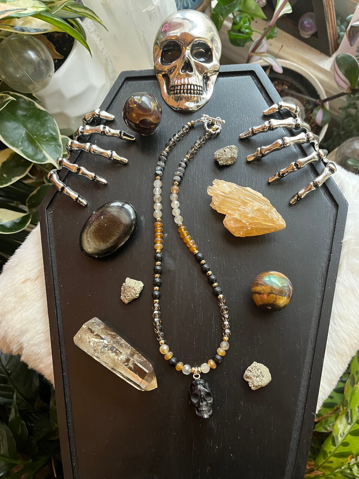 Beaded Skull Necklace – Gemstone Bead Choker with Pyrite Accents, Gothic Witchy Jewelry, Dark Boho Statement Necklace, Crystal Protection Gift for Her