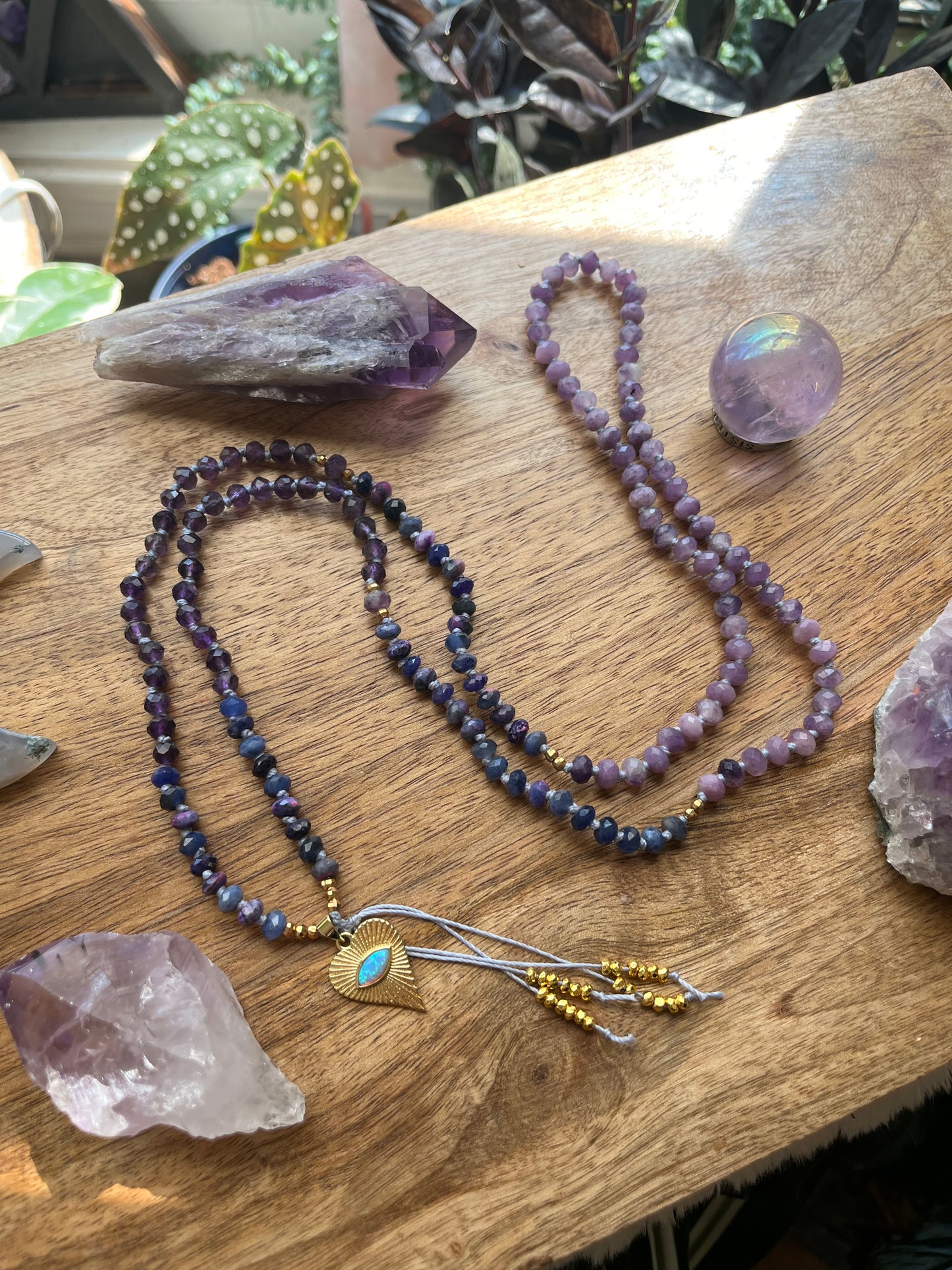 Amethyst, Sugilite, Lepiodlite, mala beads, prayer beads, spirit beads, mala necklace, rondelle mala necklace