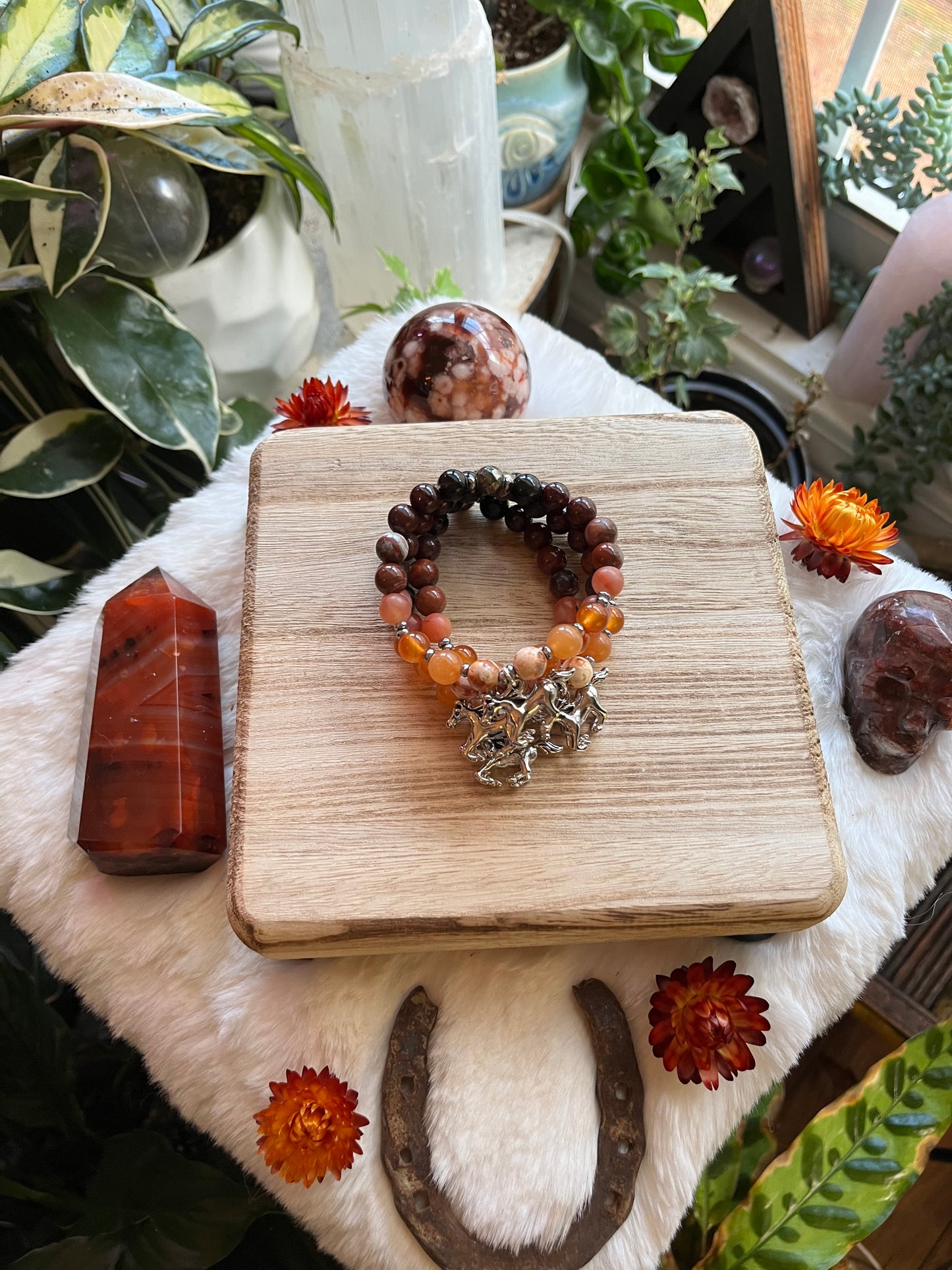 Fire Horse mala bracelet, beaded bracelet, horse girl jewelry, horse bracelet, carnelian bracelet, zodiac jewelry