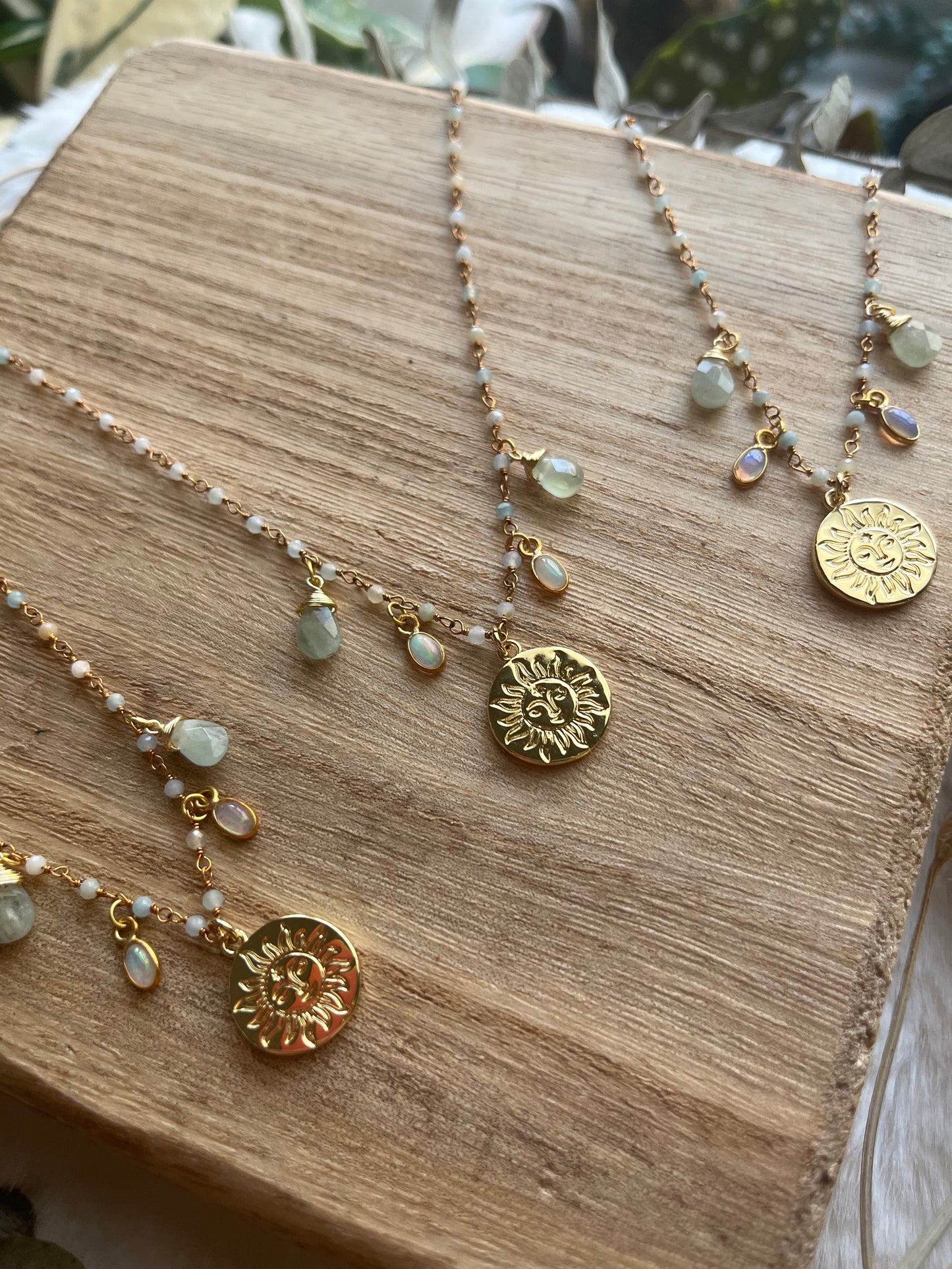 Opal & Aquamarine Sun Charm Necklace in Gold Fill