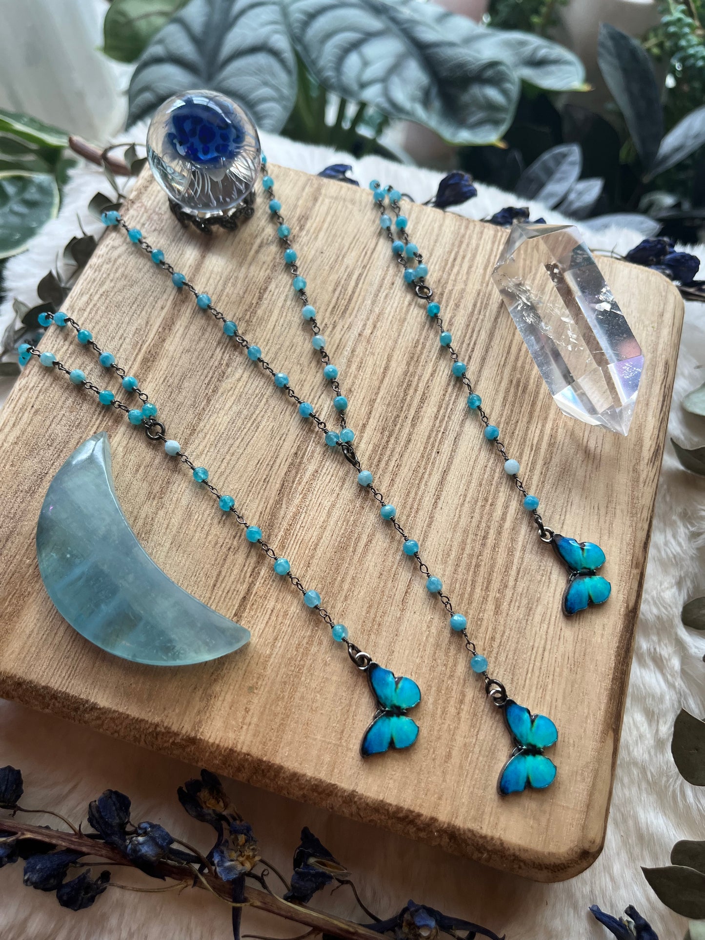 Blue Morpho Butterfly Lariat Necklace, Beaded Gunmetal Chain, Monalisa Gemstone