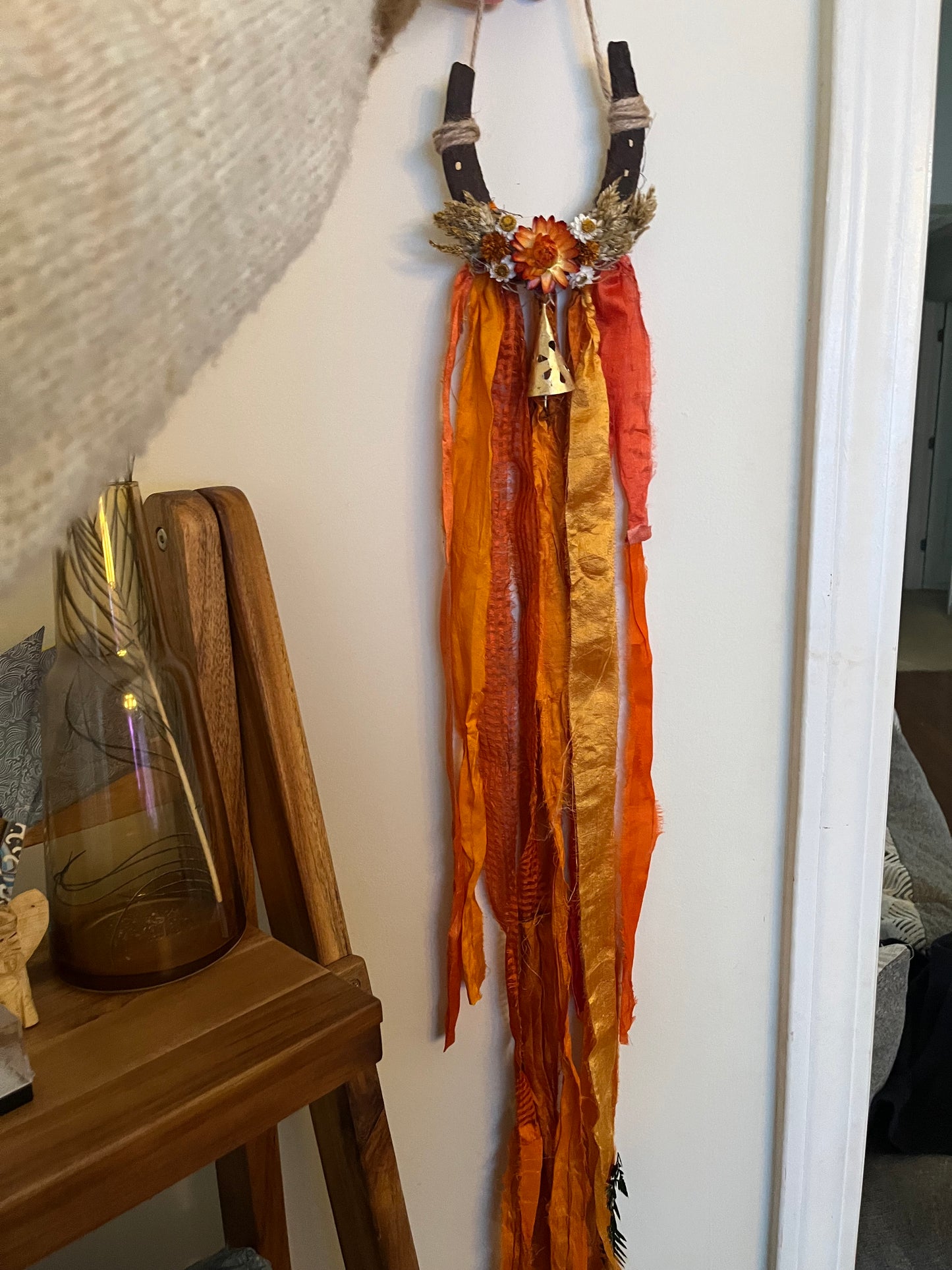 Fire Horse Lucky Horseshoe with flowers: Pagan Altar Decor