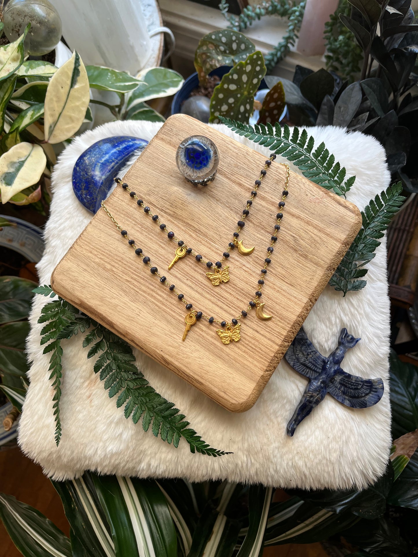 Sapphire & Gold Charm Necklace — Key, Moon & Butterfly