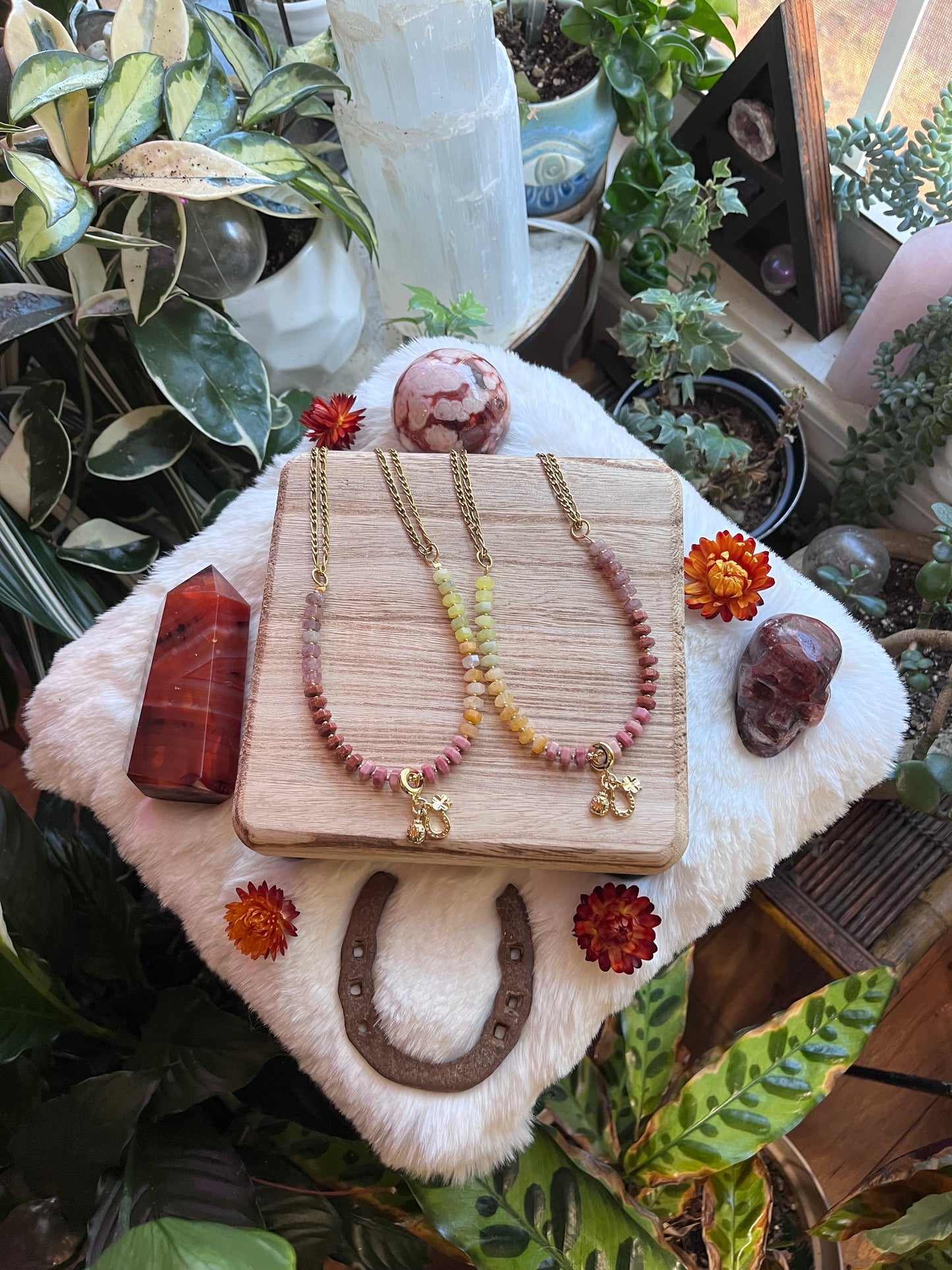 Mixed Gem lucky charm necklace, horseshoe charm, lucky jewelry, rondelle necklace, abundance, creativity, passion, good luck charm jewelry