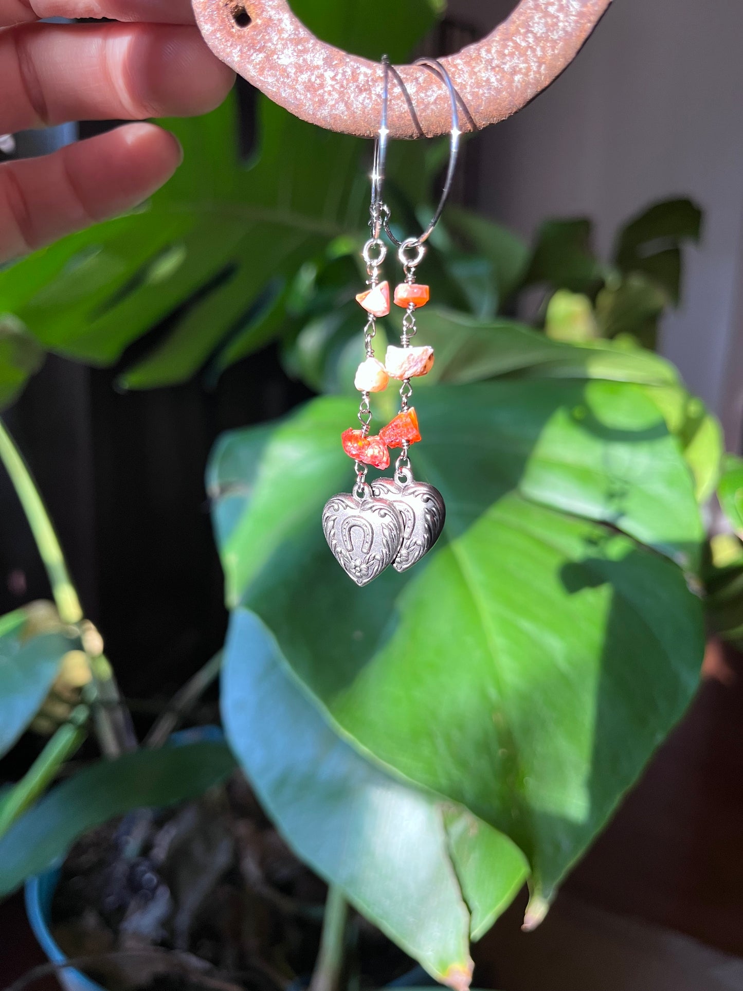 Fire Opal hoop earrings, Mexican Fire Opal, opal jewelry, lucky charm jewelry, horseshoe, horse girl, good luck charms, fire opal earrings