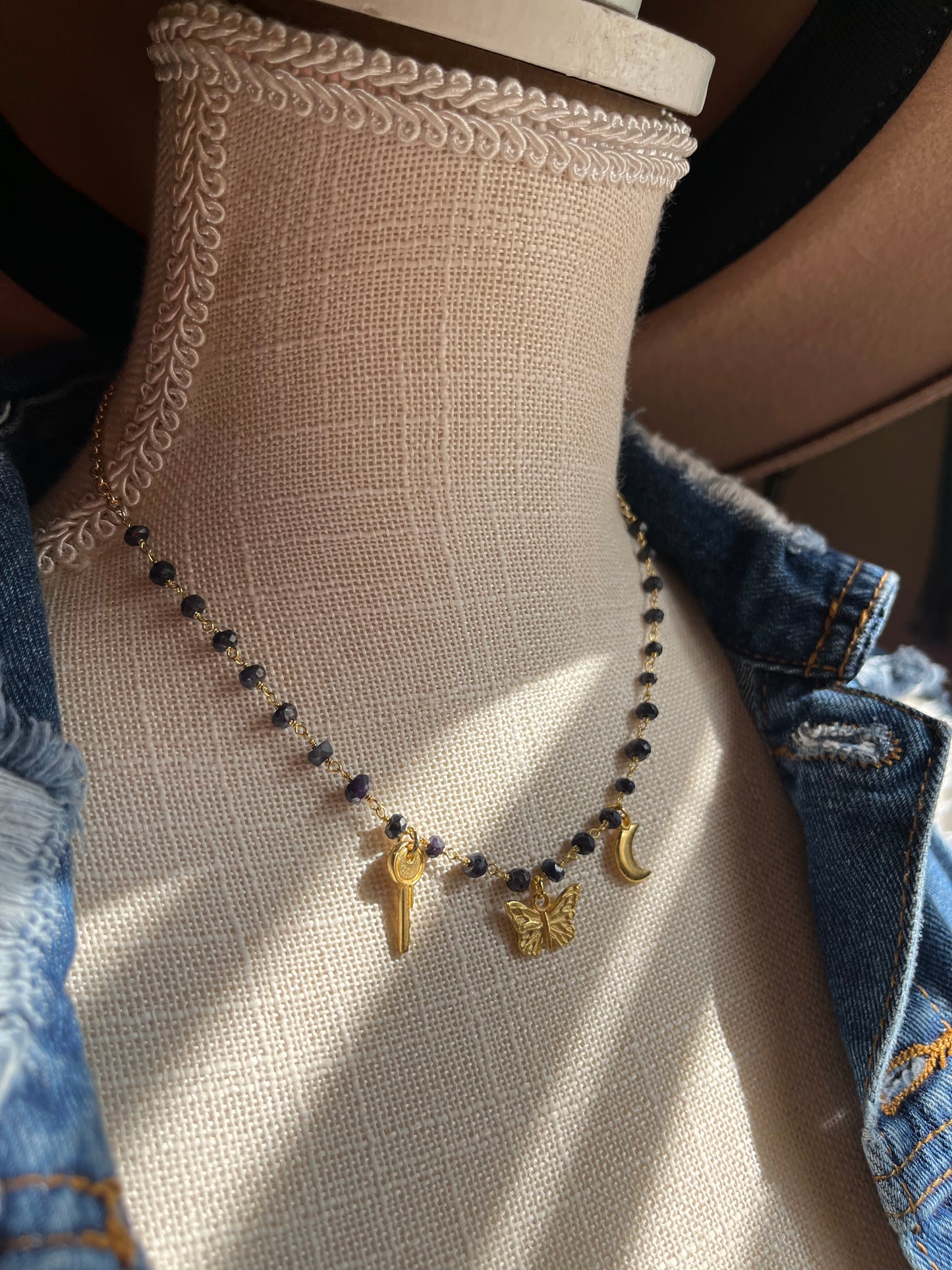Sapphire & Gold Charm Necklace — Key, Moon & Butterfly
