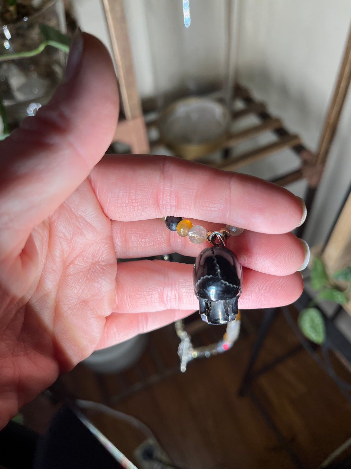 Beaded Skull Necklace – Gemstone Bead Choker with Pyrite Accents, Gothic Witchy Jewelry, Dark Boho Statement Necklace, Crystal Protection Gift for Her