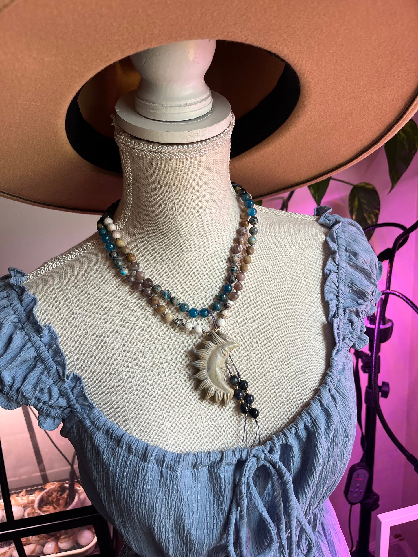 Sunkeeper Mala Necklace — Carved Jasper Sun Crescent