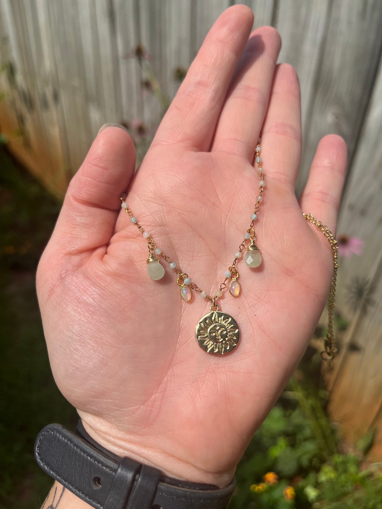 Opal & Aquamarine Sun Charm Necklace in Gold Fill