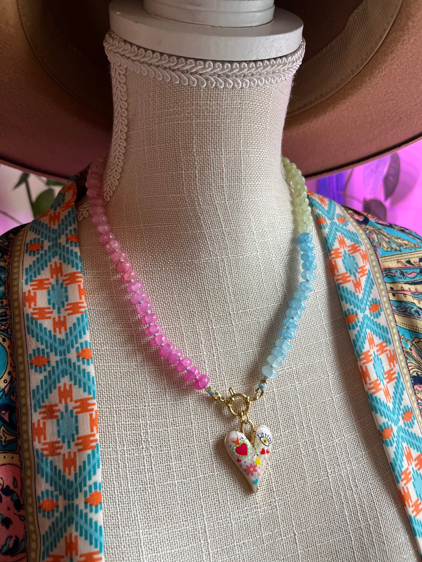 Pastel Daydream, Pastel Jade Gemstone Choker, Gold Filled Clasp, Enamel Charm