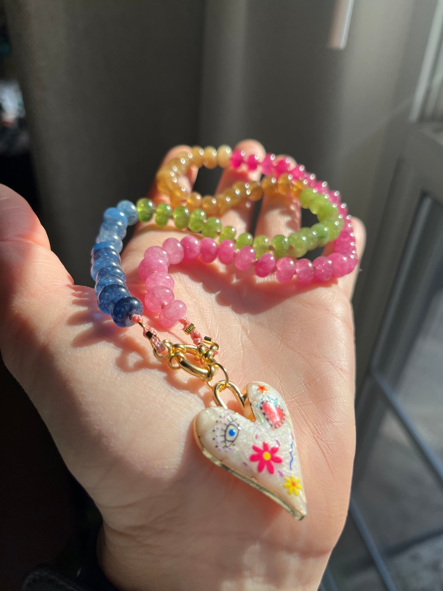 Gem Goddess, Rainbow Jade Gemstone Choker, Gold Filled Clasp, Enamel Charm