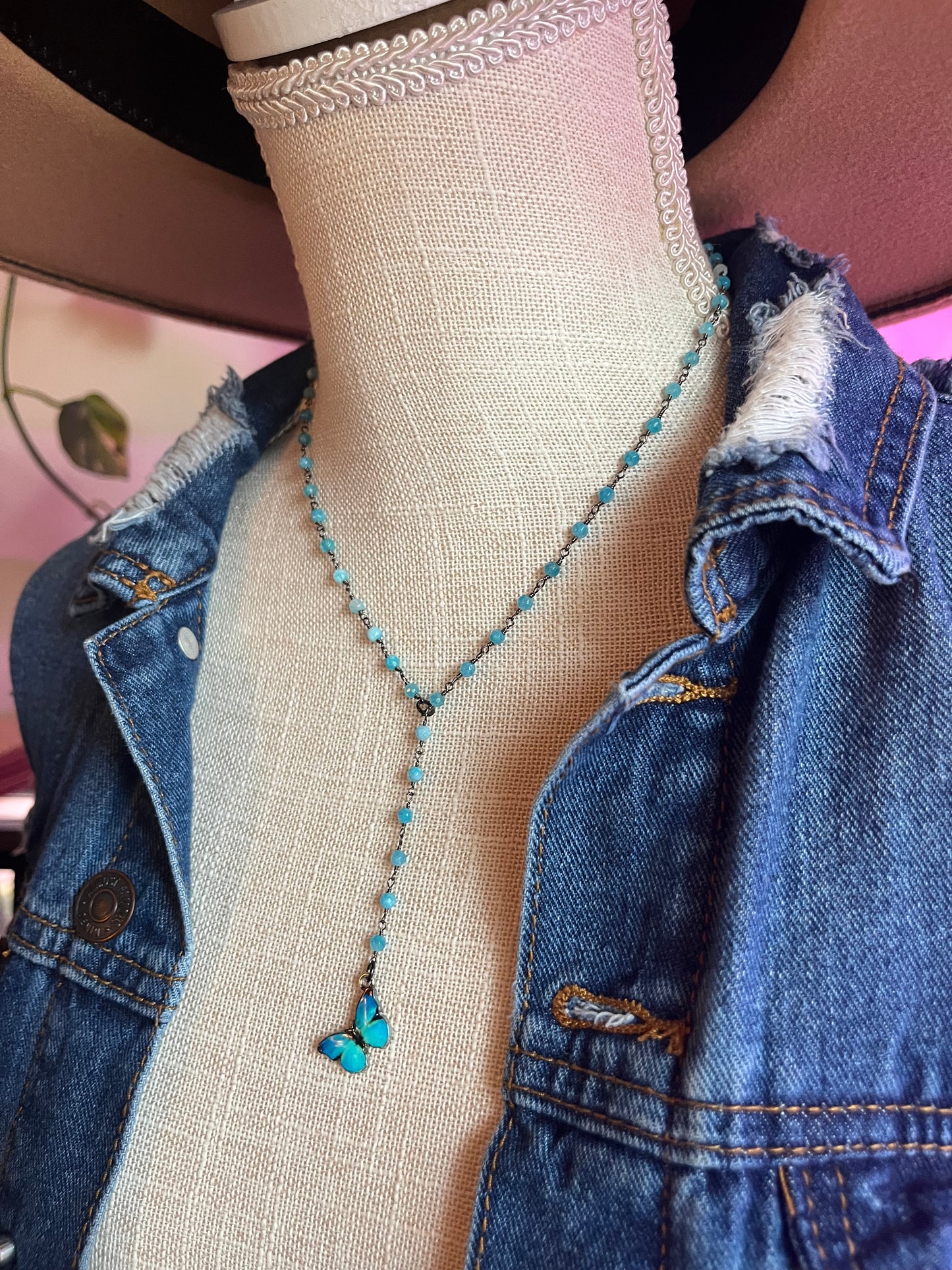 Blue Morpho Butterfly Lariat Necklace, Beaded Gunmetal Chain, Monalisa Gemstone