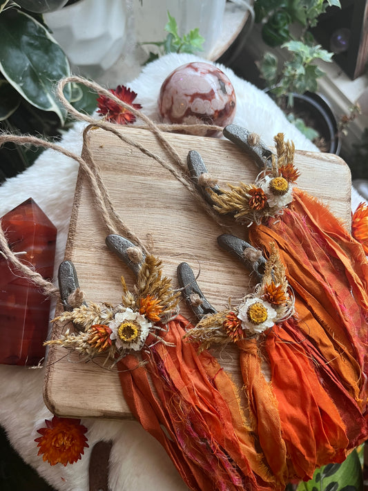 Fire Horse Lucky Horseshoe with flowers: Pagan Altar Decor