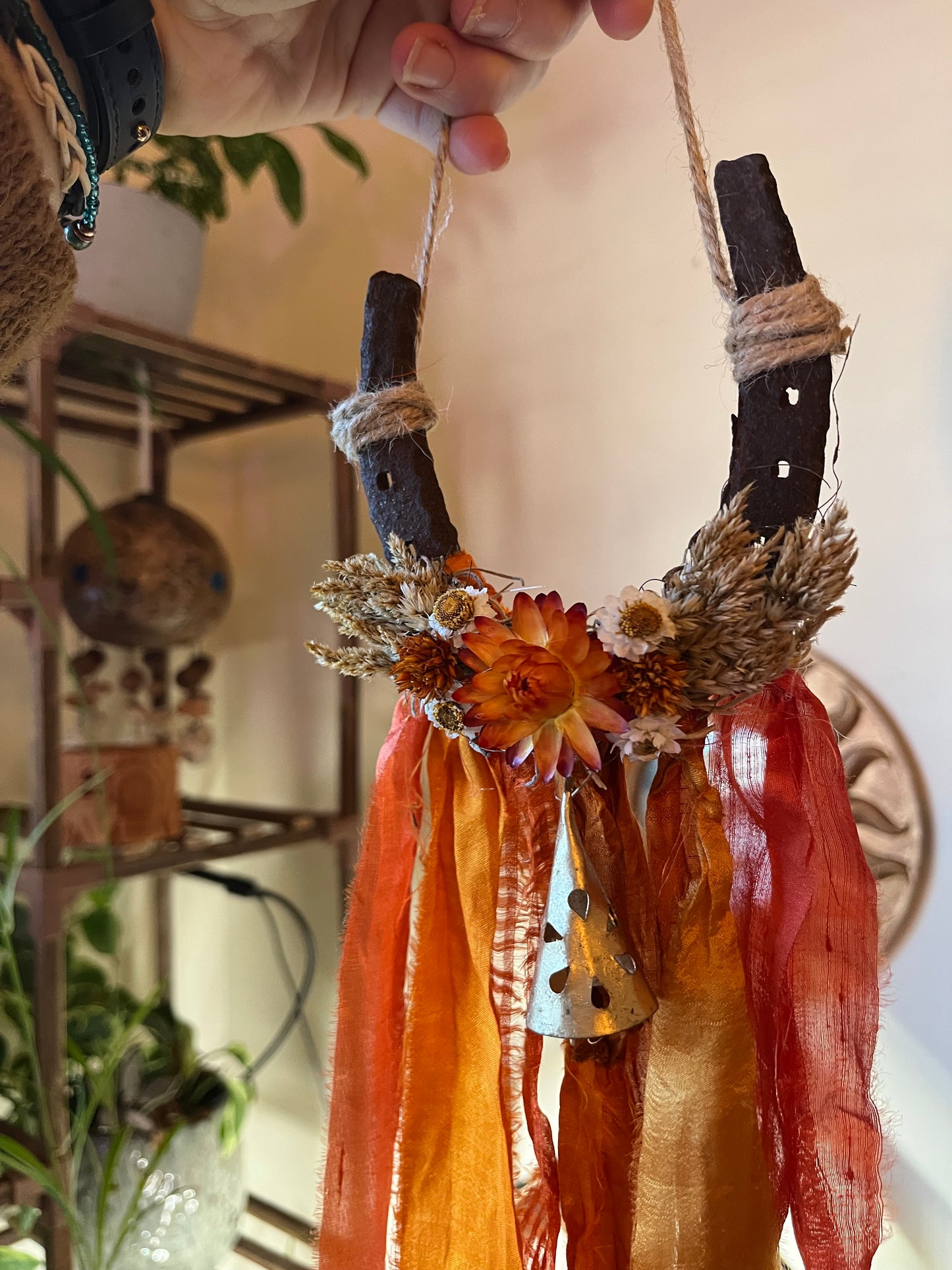 Fire Horse Lucky Horseshoe with flowers: Pagan Altar Decor