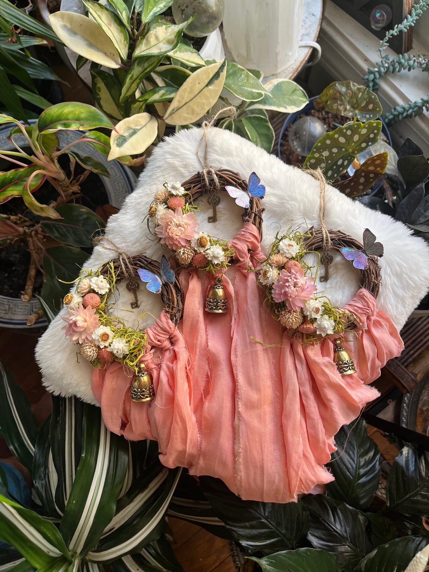 Butterfly Fairy Blessing Bells, Wreath with Dried Florals, Roses, Key Charm