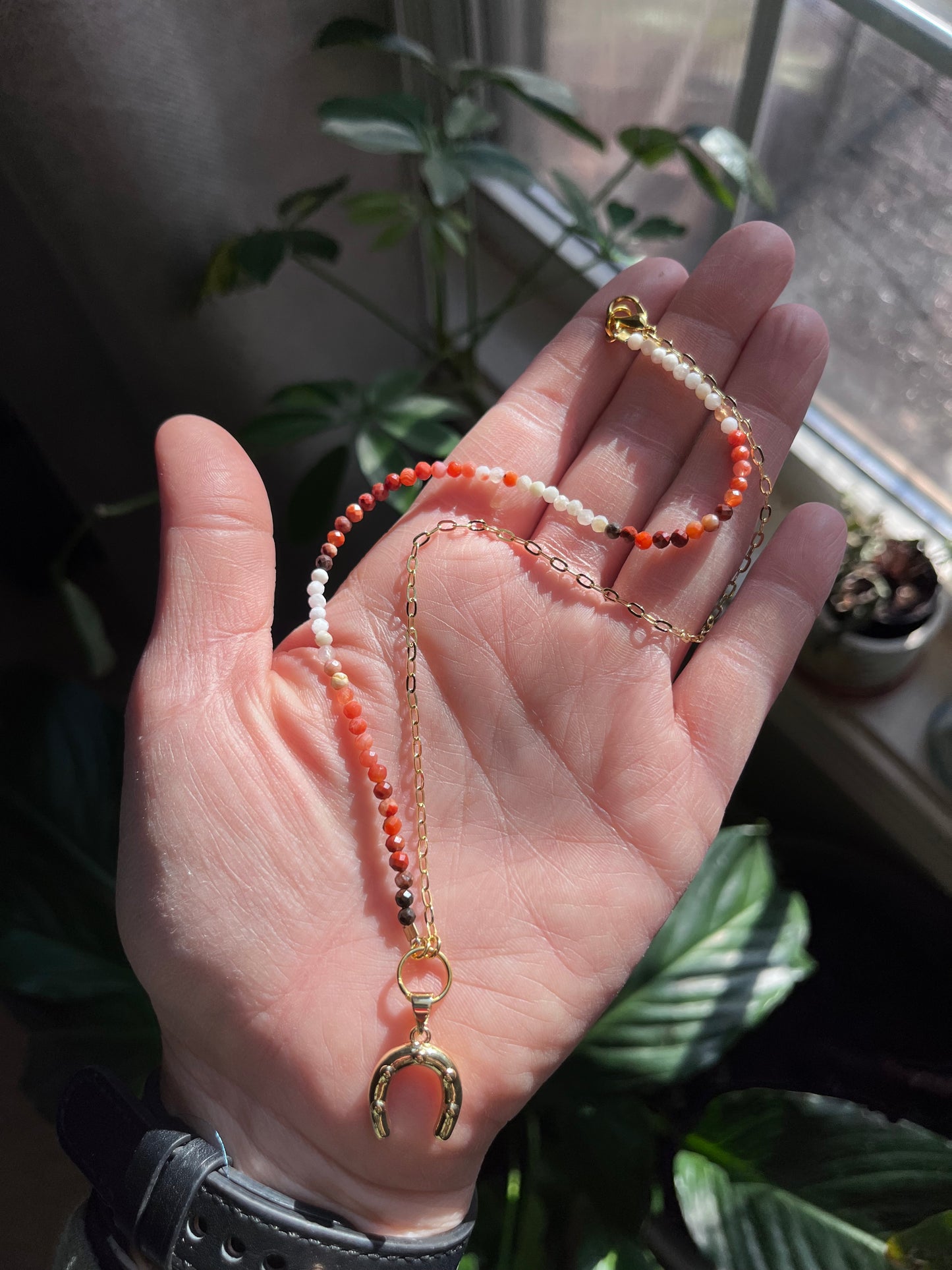 Moroccan Red Agate necklace, horseshoe charm, lucky jewelry, agate necklace, abundance, creativity, passion, good luck charm jewelry
