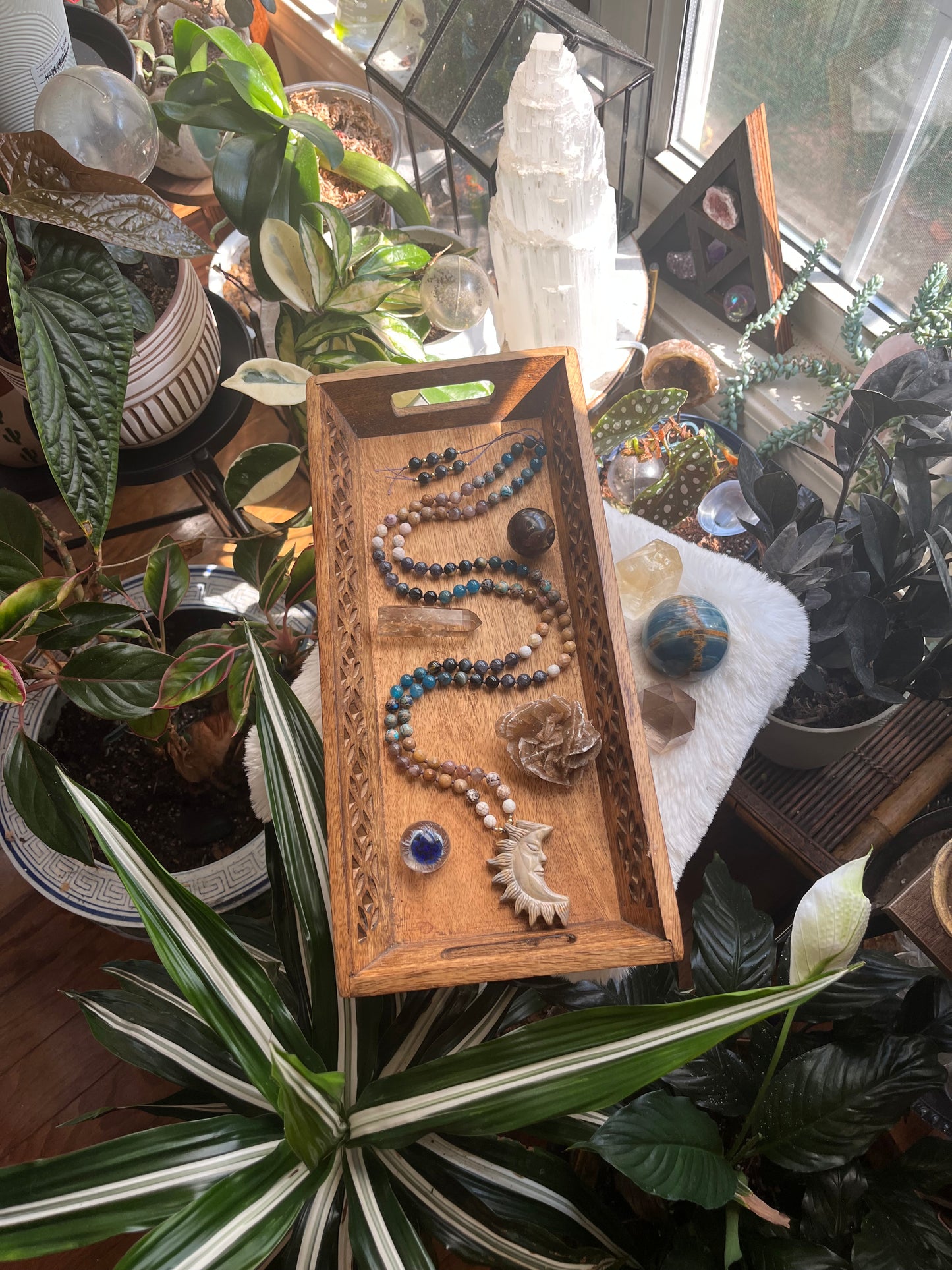 Sunkeeper Mala Necklace — Carved Jasper Sun Crescent