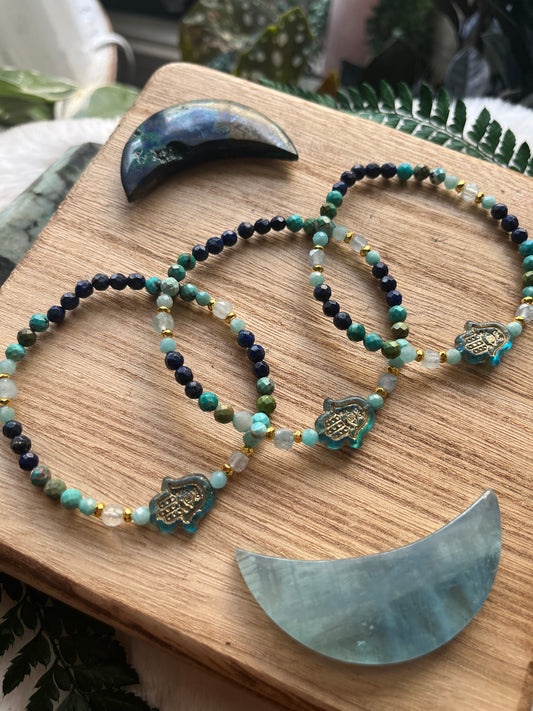 Hamsa Bracelet · Lapis Lazuli Turquoise Amazonite · Boho Spiritual Beaded Bracelet · Czech Glass Hamsa · Handmade Protection Jewelry