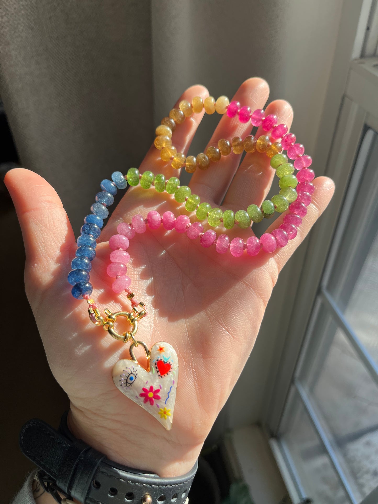 Gem Goddess, Rainbow Jade Gemstone Choker, Gold Filled Clasp, Enamel Charm