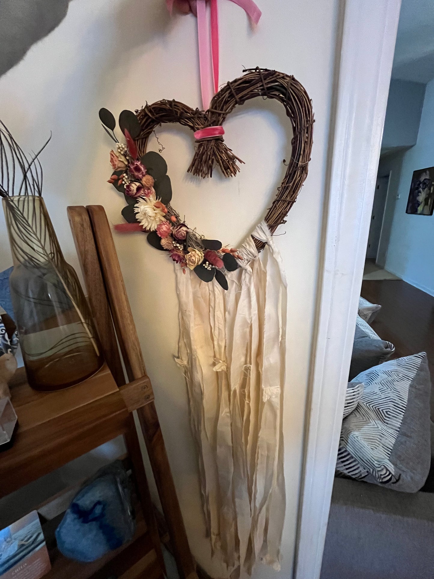 Love Witch Wreath: Aphrodite Altar Wreath with Strawflower, Roses, Eucalyptus and sari ribbon